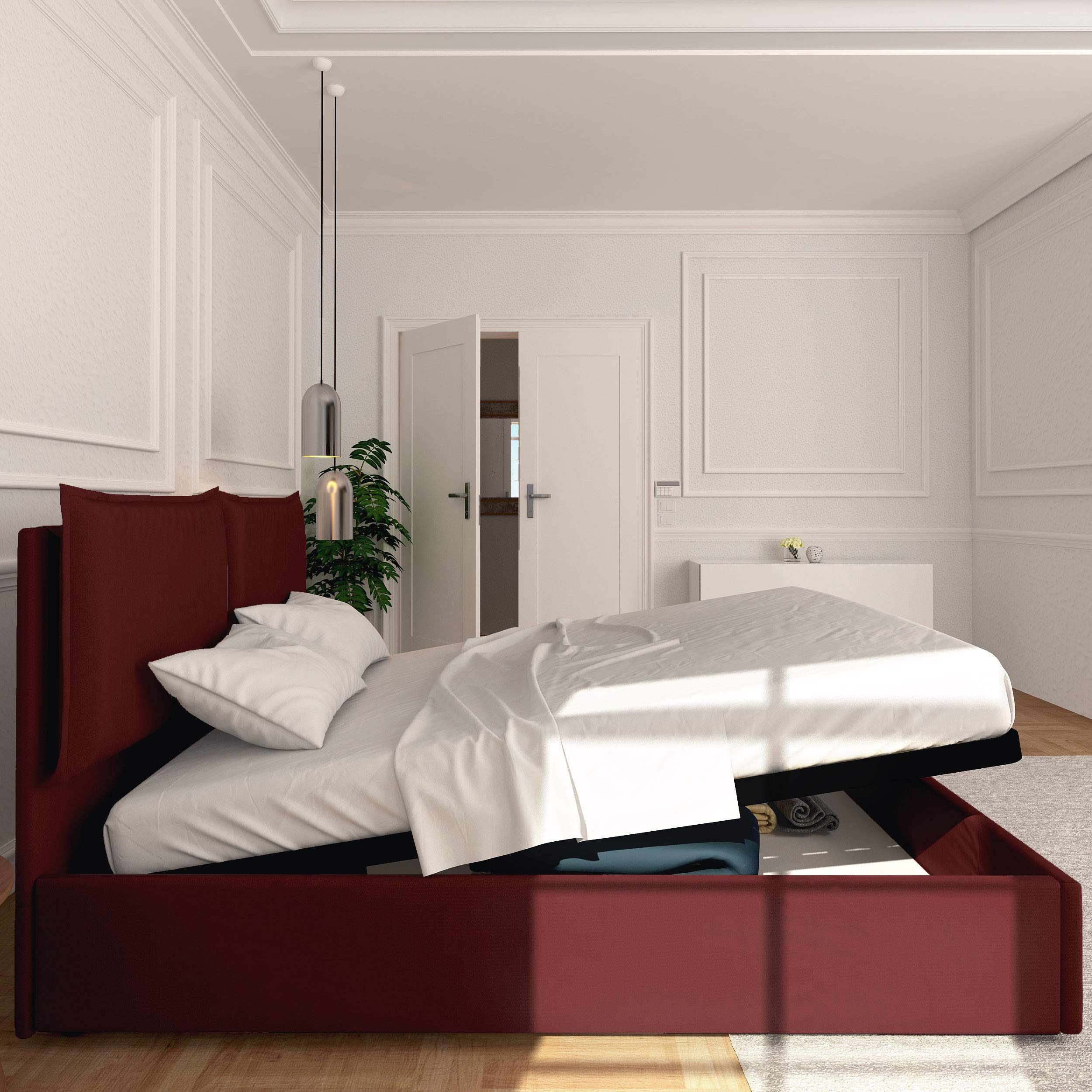 Baldiflex Queen Size Bed with Storage - Licia Faux Leather Upholstered Platform Bed Frame with Slatted Base, Headboard, 160x190cm Mattress Compatible - Perfect for Modern Bedrooms & Small Spaces