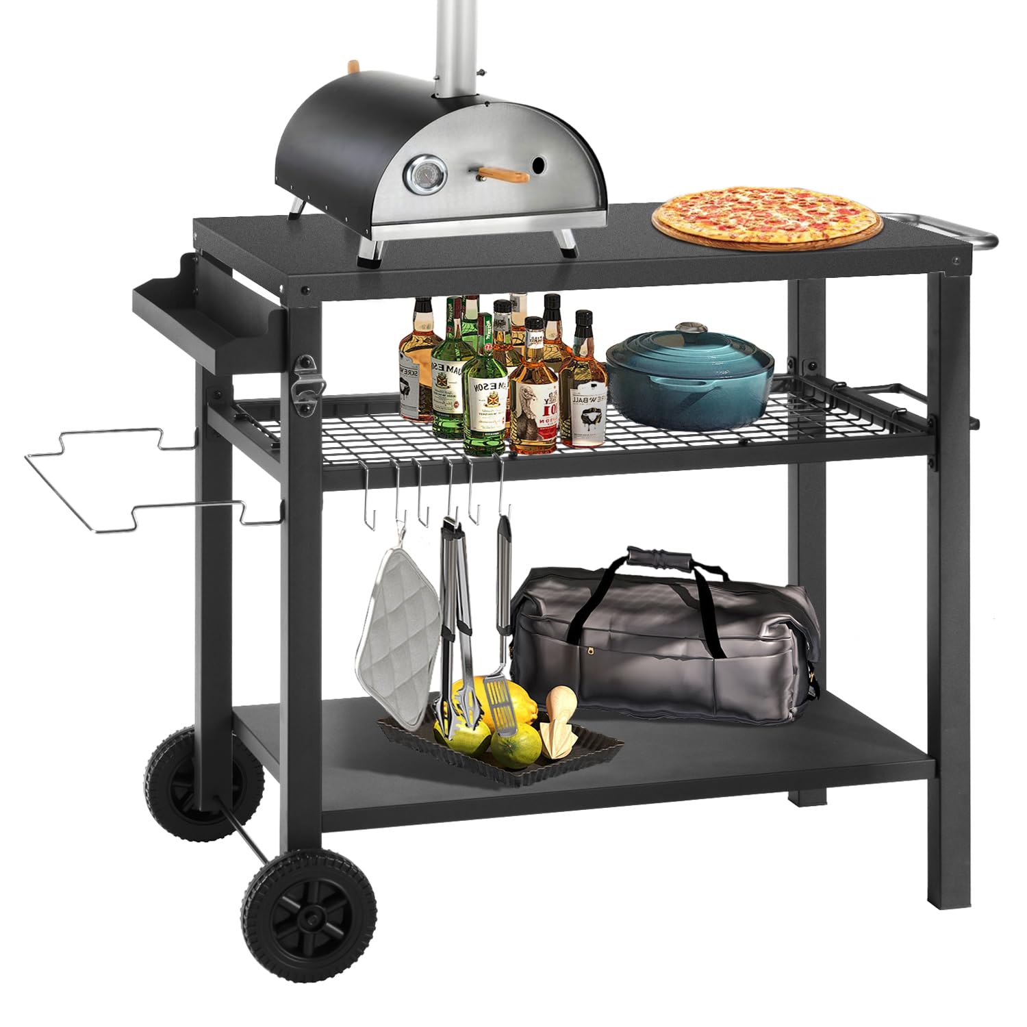 **KENDANE Black 3-Tier Rolling Grill Cart - Outdoor Kitchen Island with Pizza Oven Stand & Hooks - Multi-Functional Prep Table for BBQ, Dining & Patio Entertaining**