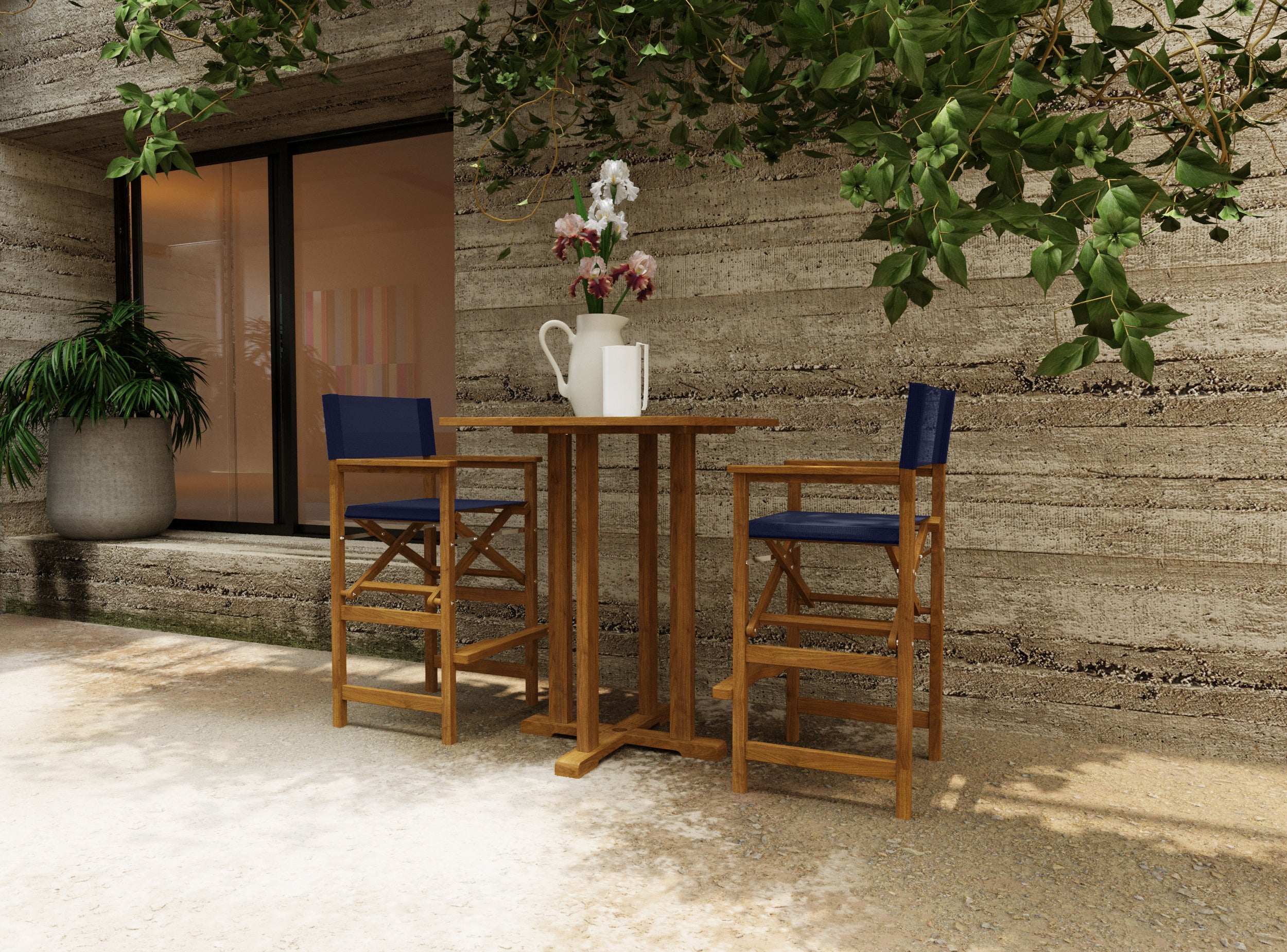 Premium Teak Outdoor Bar Height Dining Armchair - Waterproof Blue Patio Chair for Poolside, Deck, Garden & Restaurant Use