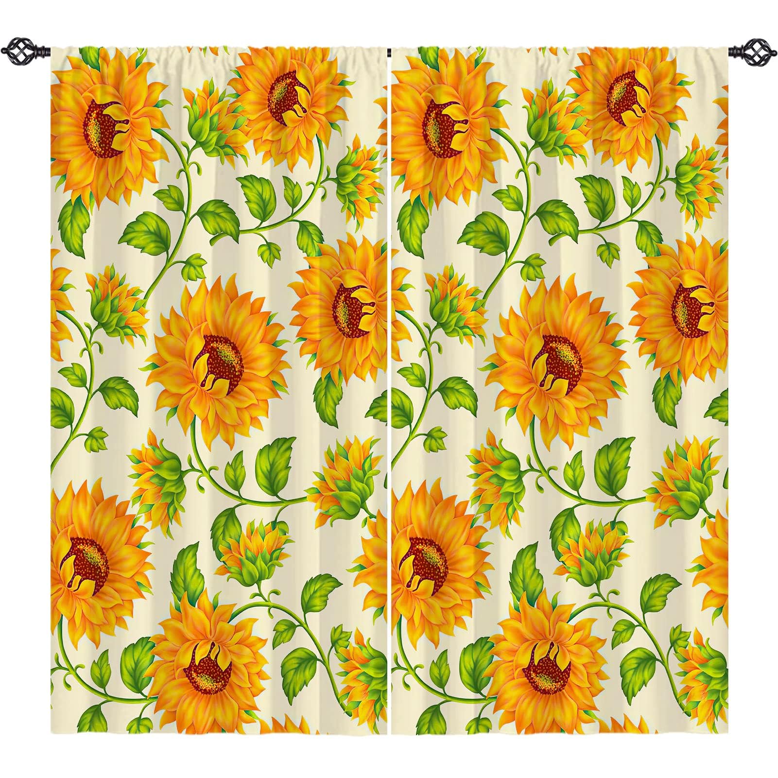 ANHOPE Sunflower Oil Painting Curtains - Yellow Flower Green Leaf Botanical Print Window Drapes, Rod Pocket Blackout Curtains for Bedroom, Living Room, Office & Cafe (2 Panels, 42x63 Inches) - Perfect for Farmhouse Decor, Sunroom & Cozy Spaces