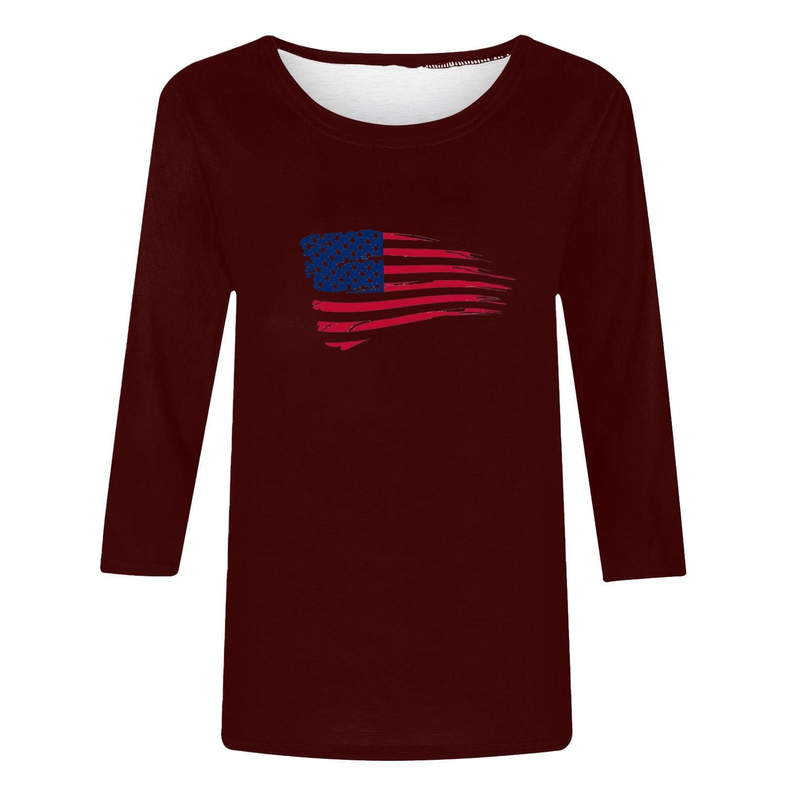 Women's 4th of July Patriotic Shirts - 3/4 Sleeve Casual T-Shirts for Summer, Cute Dressy Tops for Independence Day Celebrations, BBQ Parties & Festive Outfits