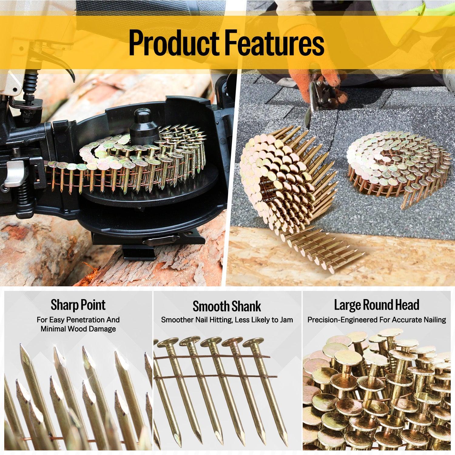 15 Degree Round Head 1 to 1 3/4 Inch x 0.120 Smooth Shank Coil Roofing Nails for Metal Roofing, Shingles, and Construction Projects