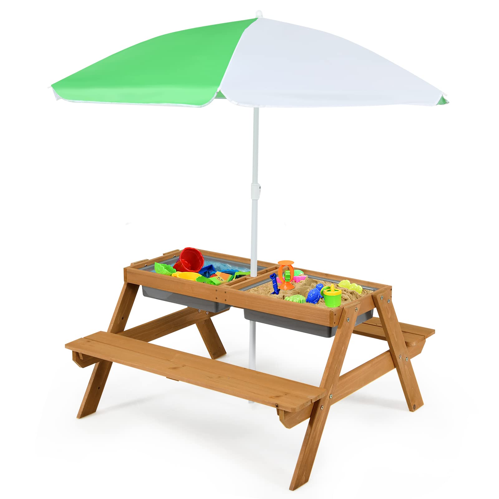 Costzon 4-in-1 Adjustable Kids Picnic Table with Sensory Bins - Sand & Water Play Table, Removable Tabletop & Height-Adjustable Umbrella - Durable Wooden Outdoor Play Table for Backyard, Patio, Preschool & Daycare Activities