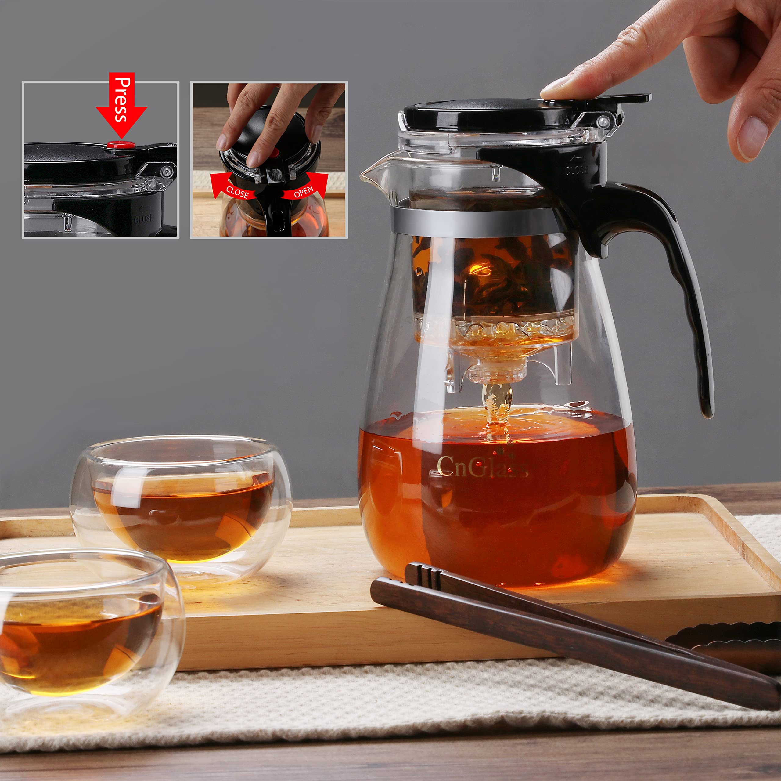 Premium Clear Glass Teapot with Removable Stainless Steel Infuser - 30.5oz Loose Leaf & Blooming Tea Maker - One-Touch Filter Button for Perfect Brewing - Ideal for Home, Office & Tea Ceremonies