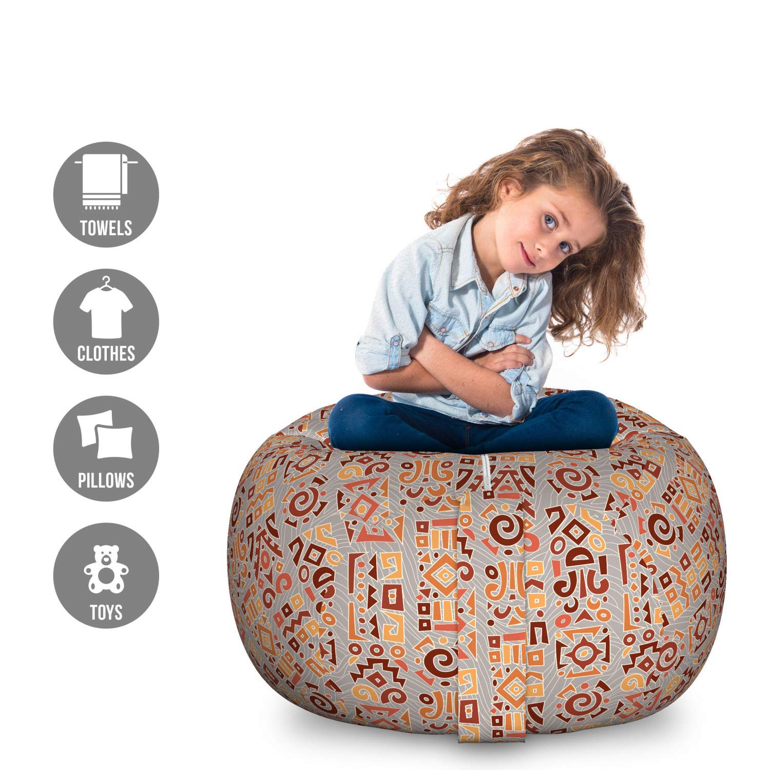 Ambesonne Tribal Storage Toy Bag Chair - Large Washable Organizer with Geometric Doodle Art Patterns | Perfect for Kids' Room, Playroom & Stuffed Animal Storage | Multicolor Cultural Theme Design