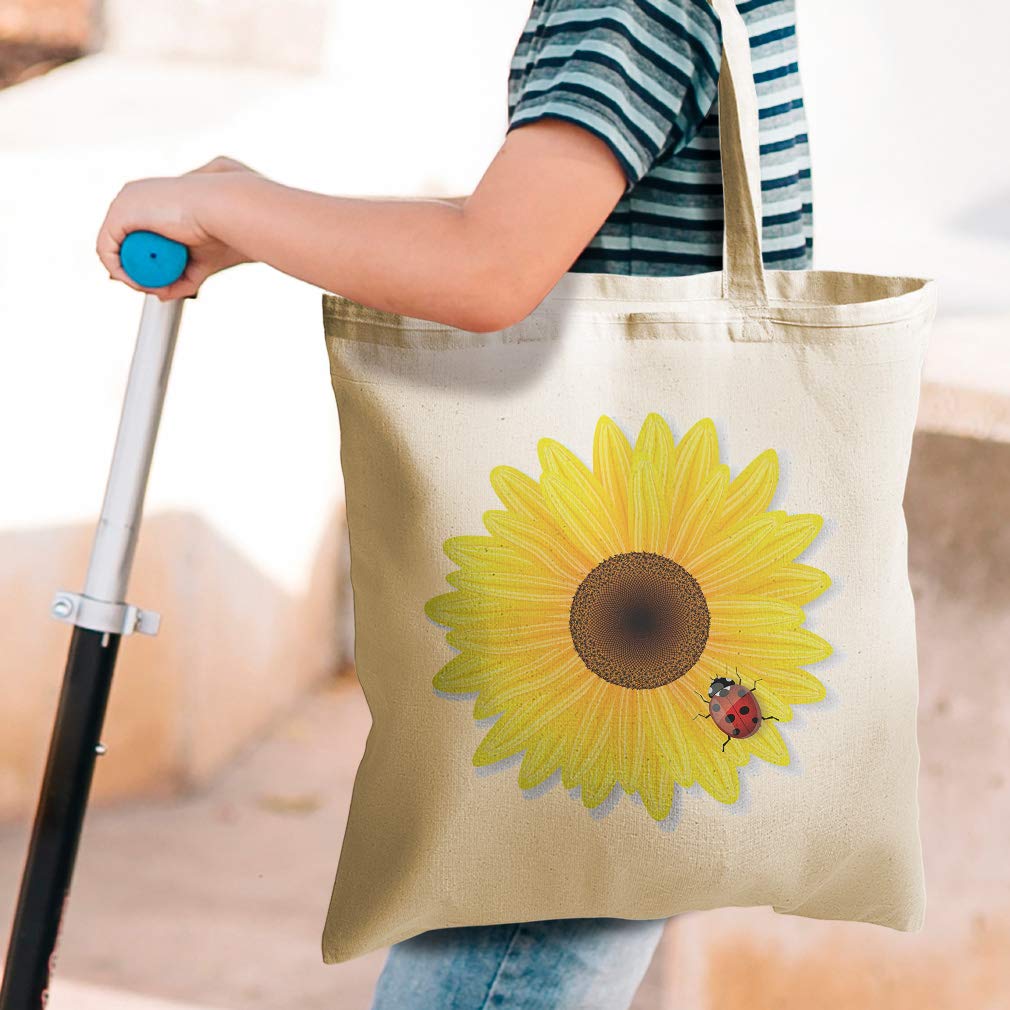 Custom Canvas Tote Bag - Reusable Eco-Friendly Shopping Bag with Sunflower & Ladybug Floral Design - Natural Beach Tote for Kids & Women - Perfect for Groceries, Picnics & Beach Outings