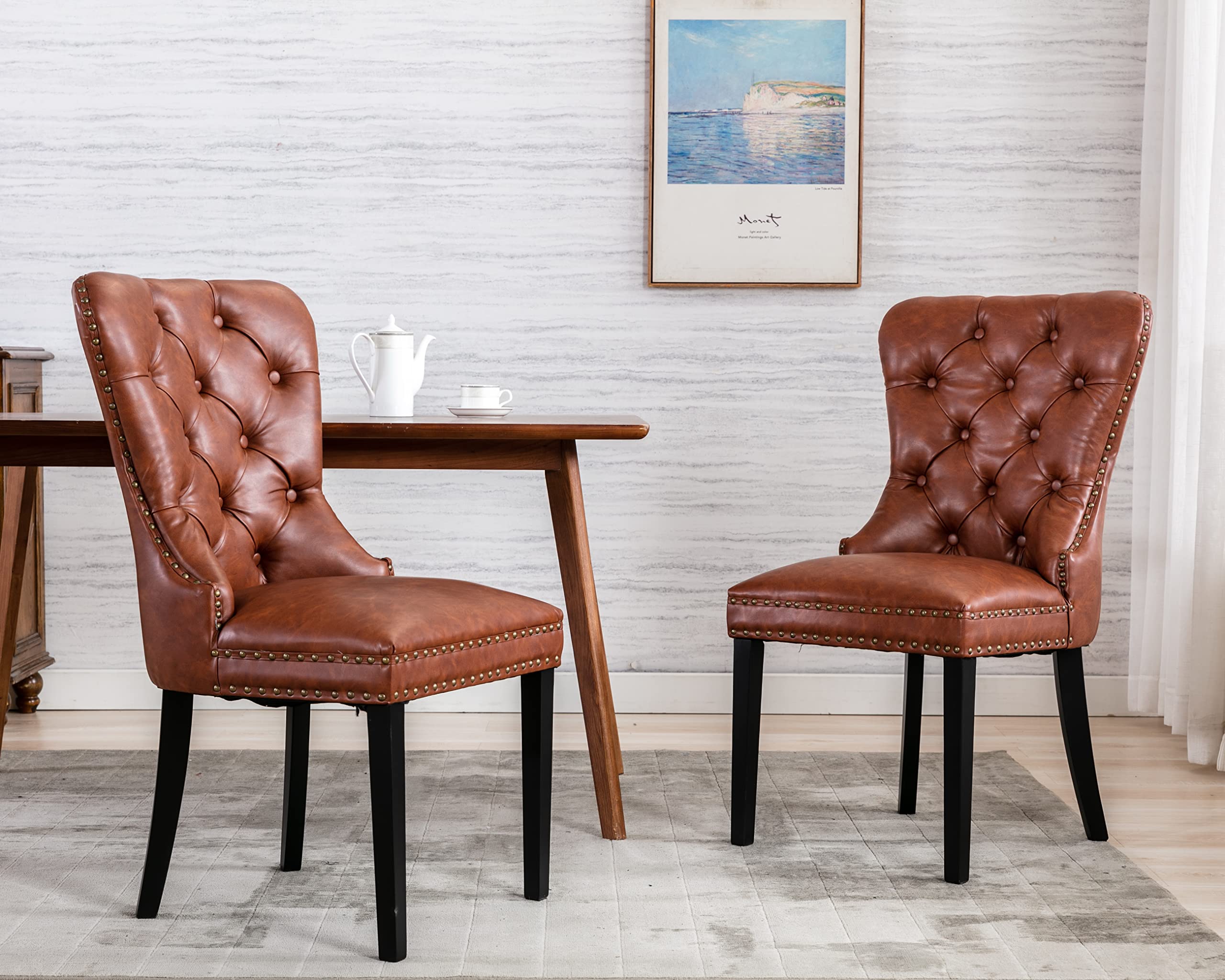 CIMOTA Set of 2 Brown Leather Dining Chairs - Mid Century Modern Tufted Upholstered Kitchen Chairs with Nailhead Trim & Ring Back (PU Leather, 2-Piece Set) - Perfect for Dining Room, Kitchen, Breakfast Nook & Home Office