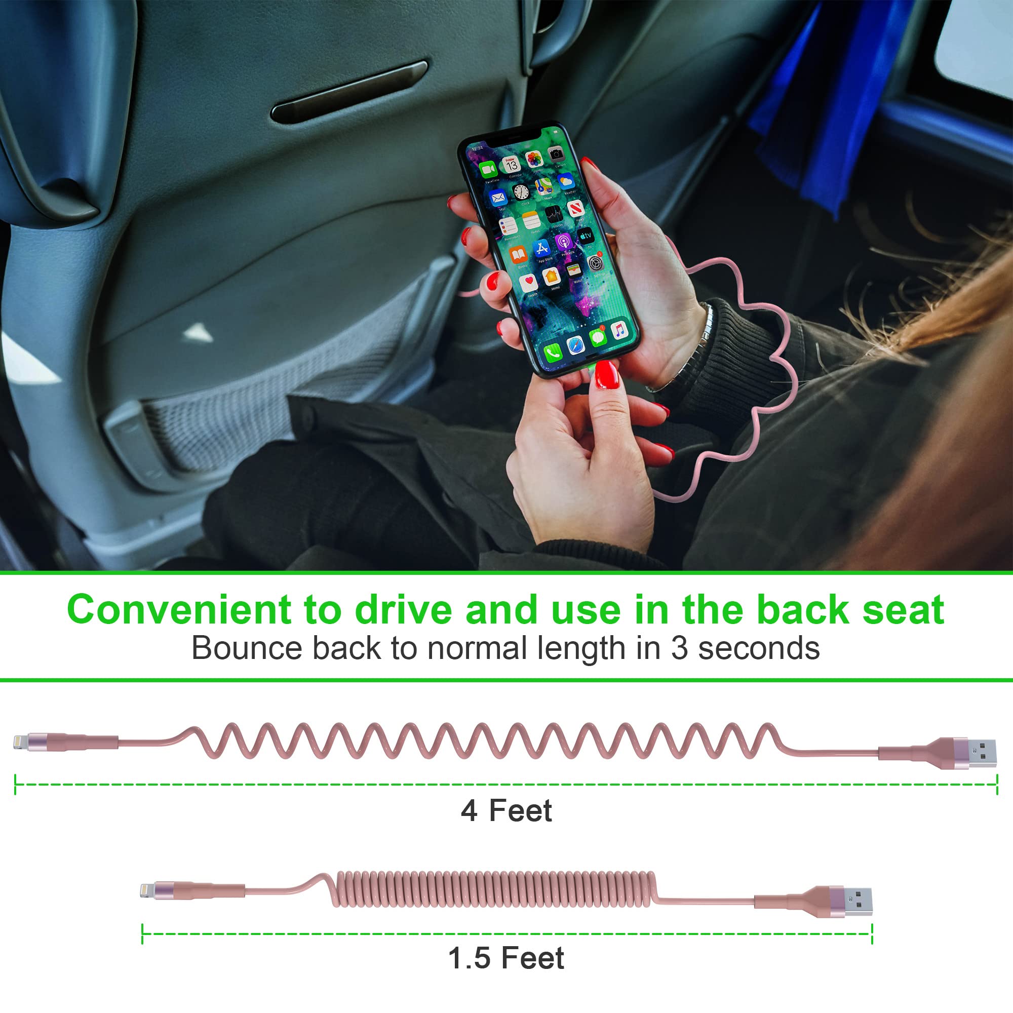 MFi Certified Coiled iPhone Lightning Cable - 3ft Short Apple CarPlay Charger with Fast Data Sync - Durable Pink Charging Cable for iPhone in Car, Home & Office Use