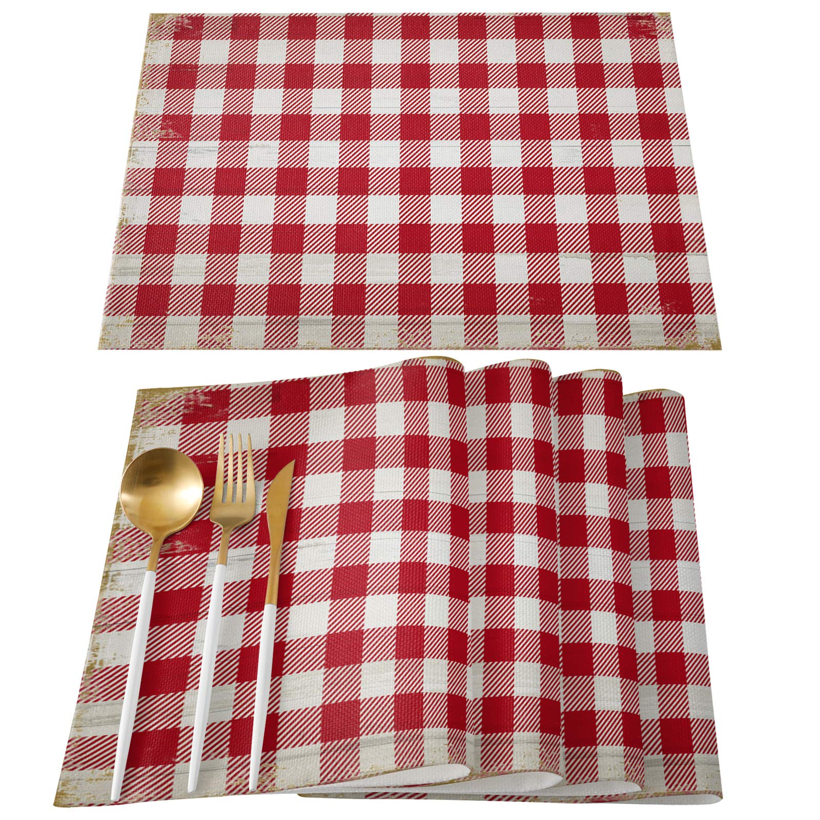 Fandim Fly 4-Pack Retro Red Plaid Christmas Placemats - Wipeable & Easy Clean Dining Table Mats for Kitchen, Holiday Decor & Festive Dinner Parties