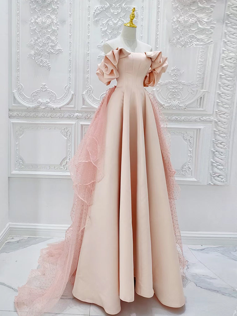 Elegant Off Shoulder A-Line Pink Tulle Prom Dress for Women - Long Formal Gown for Homecoming, Ball, and Evening Parties