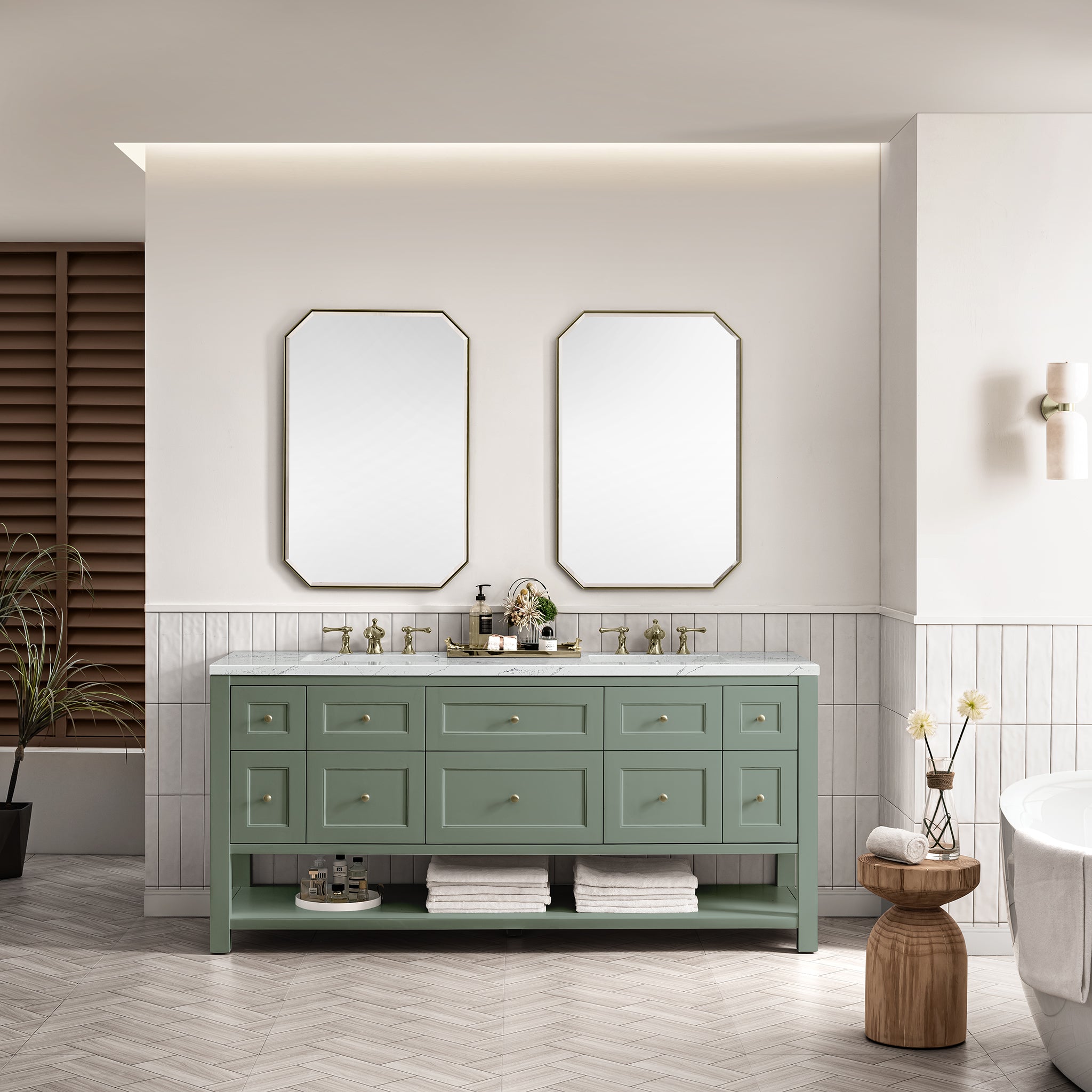 Breckenridge 72 Inch Double Bathroom Vanity with Smokey Celadon Finish & 3CM Ethereal Noctis Quartz Top - Perfect for Master Bathroom Renovation and Modern Home Decor