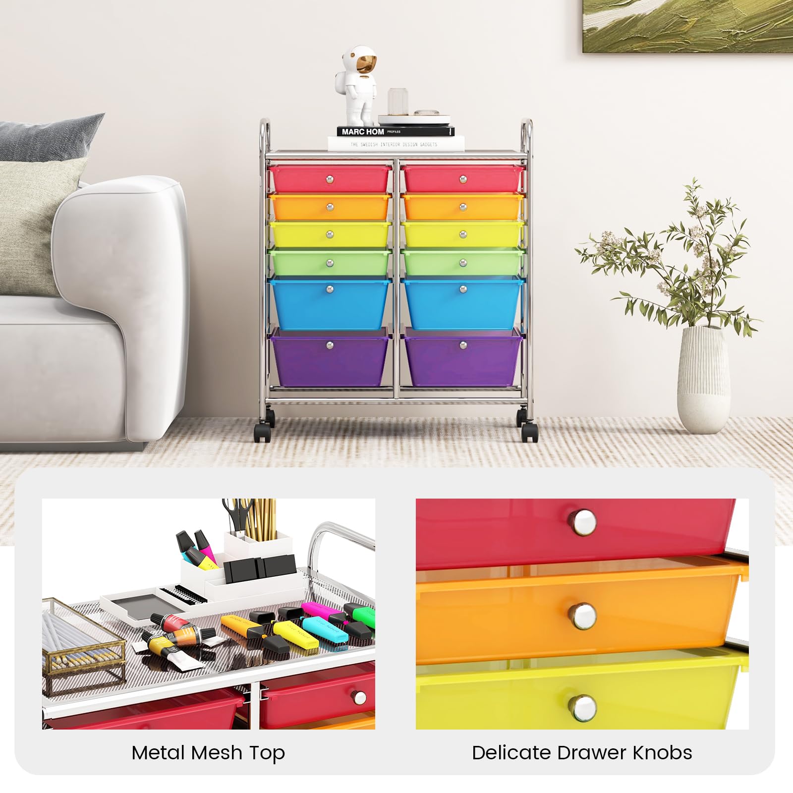RELAX4LIFE 12-Drawer Rolling Craft Storage Cart with Wheels - Mobile Organizer for Art Supplies, Office, School & Beauty Salon | Space-Saving Utility Cart for Home, Studio & Workplace (Color)