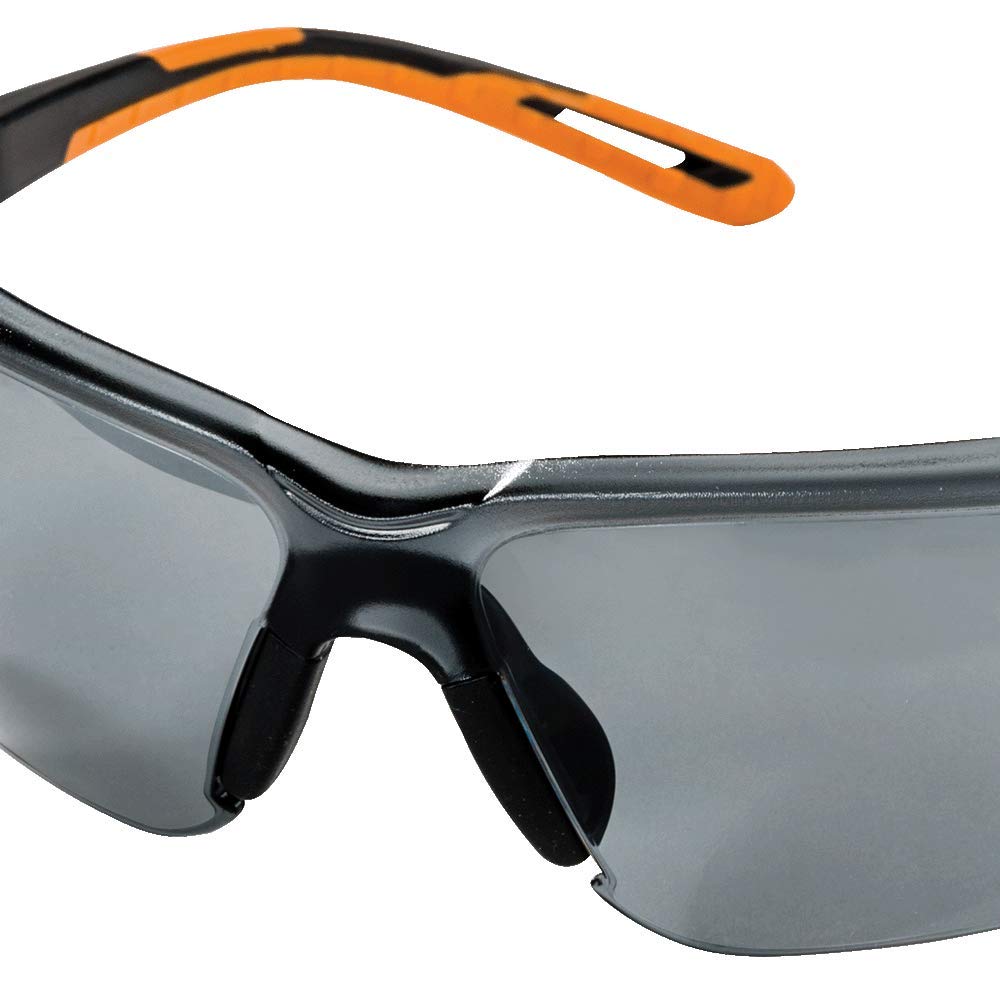 Sellstrom Lightweight Safety Glasses with Anti-Scratch Smoke Lens - Hard Coated Protective Eyewear for Work & DIY - Black/Orange Co-Molded 3-Position Ratcheting Temples with Soft Nose Piece (Pack of 1) - Ideal for Construction, Woodworking & Industrial Use - Model S71201