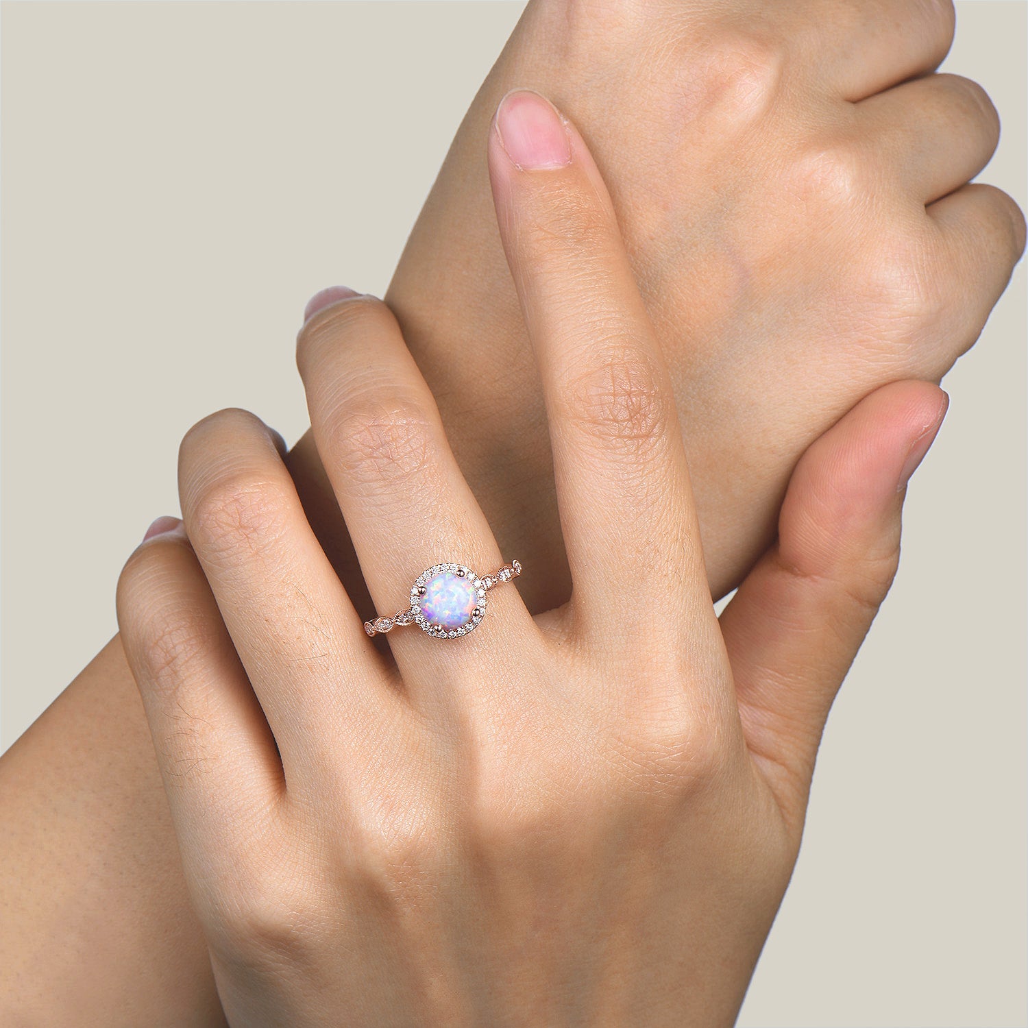 14K Rose Gold Opal Halo Engagement Ring with Moissanite Accents - Scalloped Milgrain Wedding Band for Women, Anniversary Gift for Her, Perfect for Proposals, Weddings & Special Occasions