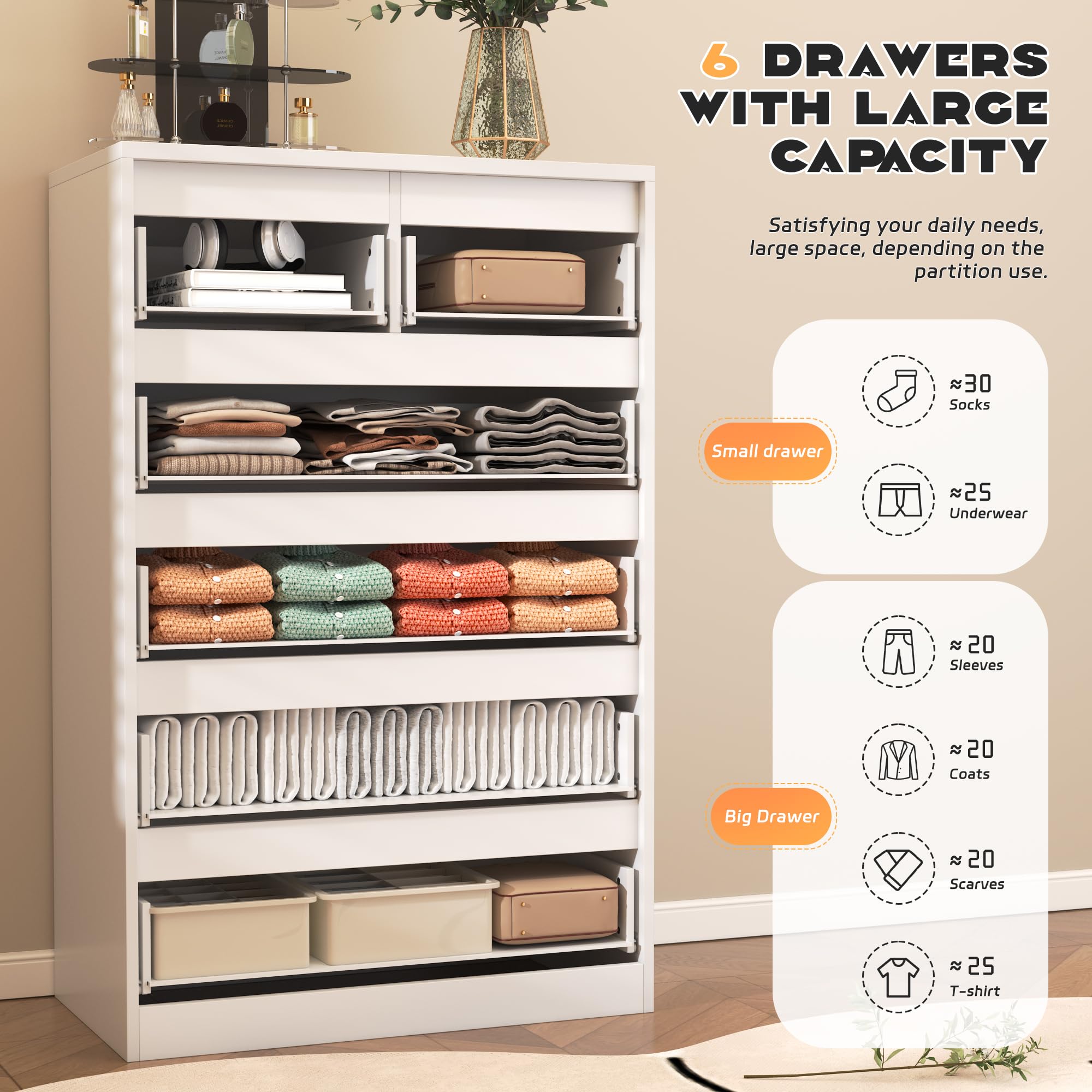 Modern White 6-Drawer Tall Dresser for Bedroom - Spacious Storage Chest of Drawers (27.5