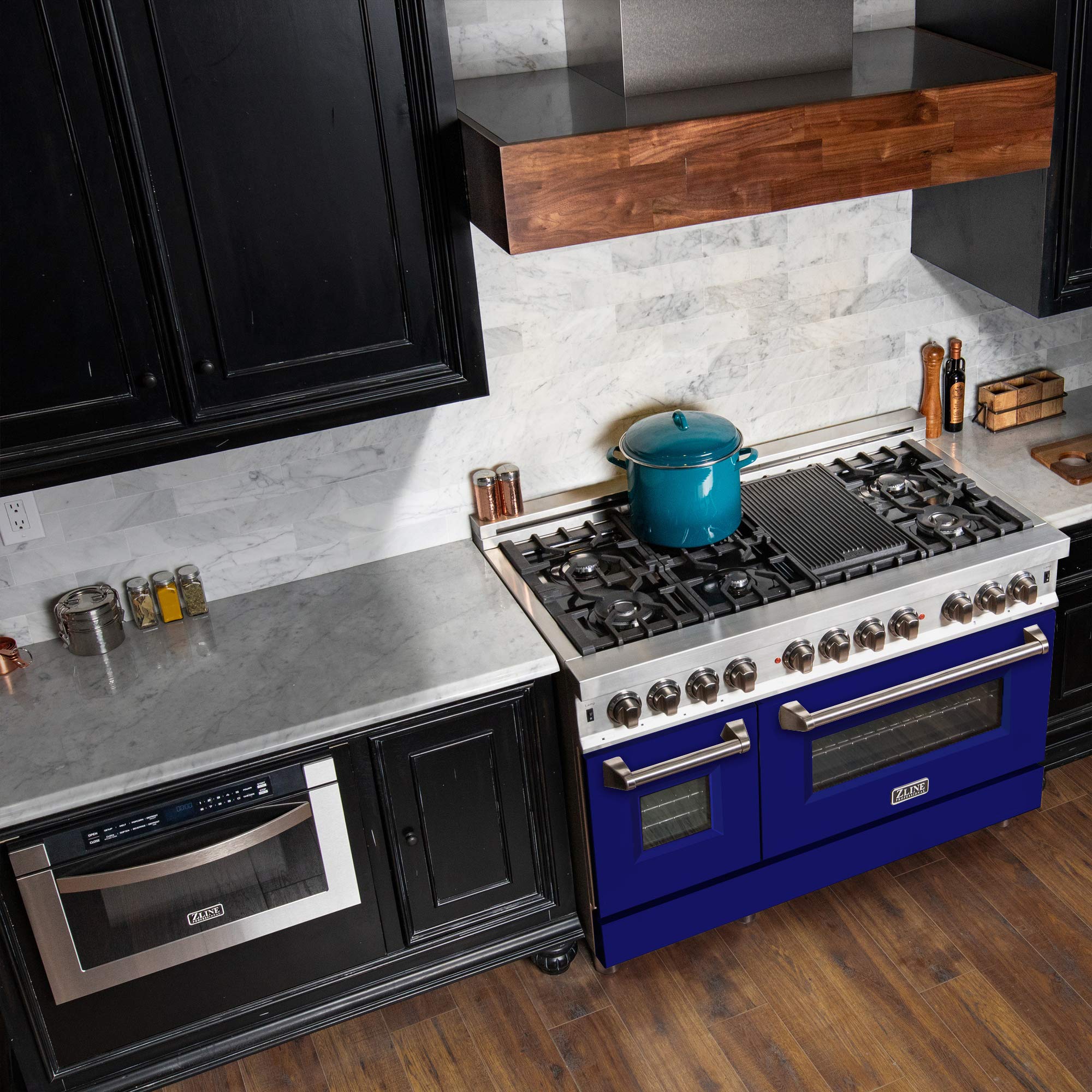 ZLINE 48-Inch 6.0 cu.ft Dual Fuel Range with 7-Burner Gas Cooktop & 2 Electric Ovens - Stainless Steel & Blue Matte Doors (RA-BM-48) | Professional Kitchen Appliance for Home Chefs & Cooking Enthusiasts