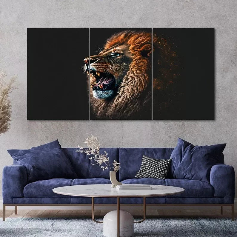 3 Piece Roaring Blue Eyes Lion Canvas Wall Art - 40x60cm Framed High Quality Print | 100% Australian Made | Ready to Hang | Perfect for Living Room, Bedroom & Office Decor