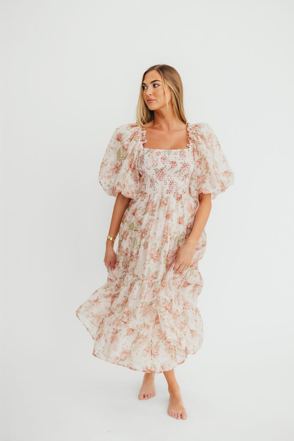 McKenna Puffed Sleeve Tiered Midi Dress in Peach - Flowy Summer Dress for Women, Beach Wedding Guest Outfit, Boho Chic Party Dress