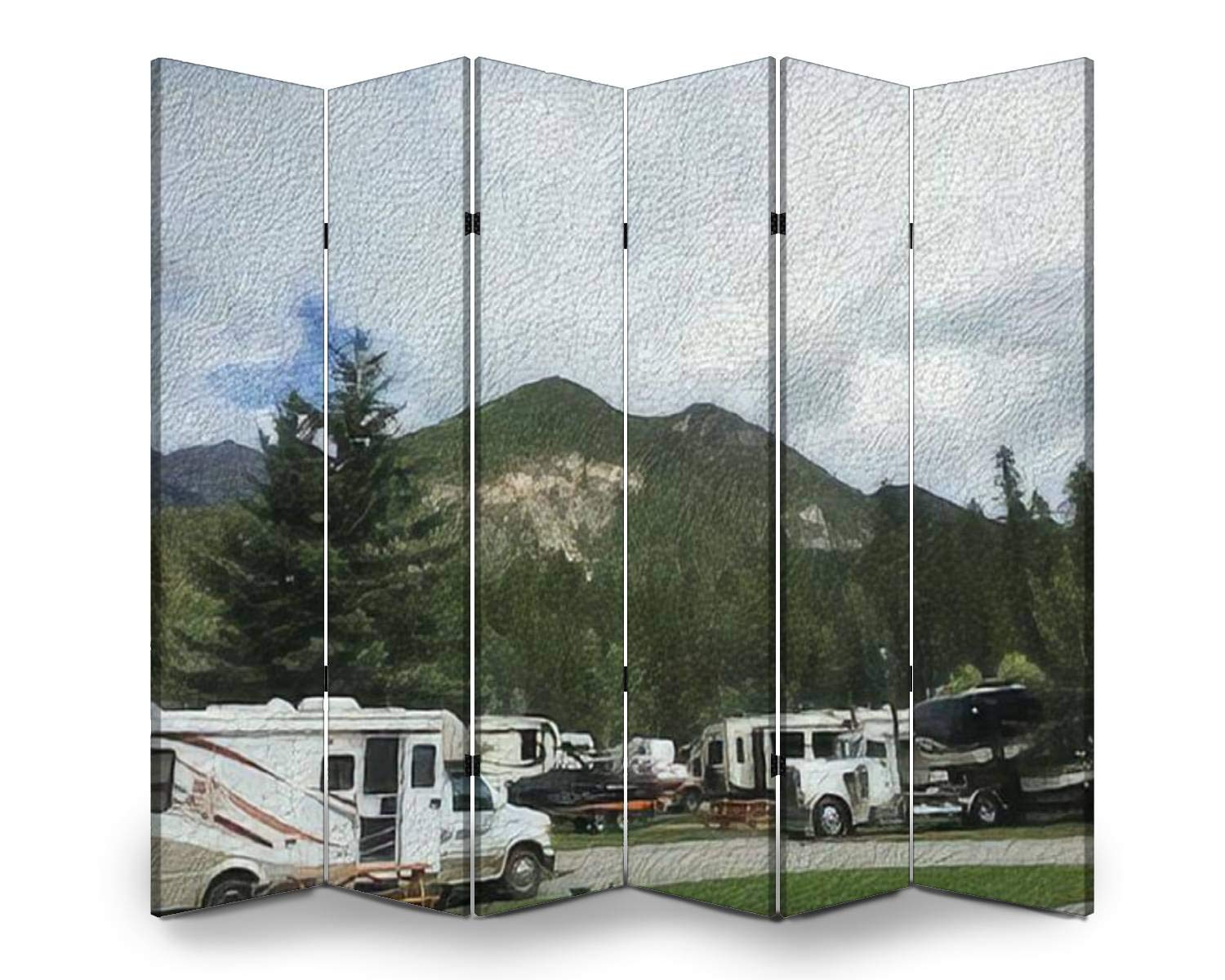 Wooden Folding Screen Room Divider - 6-Panel Canvas Privacy Partition with Oil Painting Style Outdoor RV Camping Design | Dual-Sided Wall Divider & Indoor Display Shelves for Home, Office, RV, and Camping Privacy