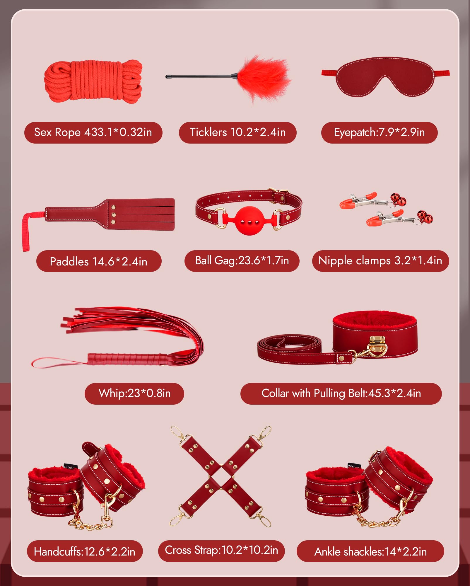 Premium 11-Piece BDSM Bondage Kit with Adjustable Handcuffs, Collar & Ankle Cuffs - Sensual Adult Toys for Couples Foreplay | Blindfold, Feather Tickler & Restraints for Spicy Bedroom Games (Red) - Perfect for Roleplay, Bachelorette Parties & Intimate Gift Giving