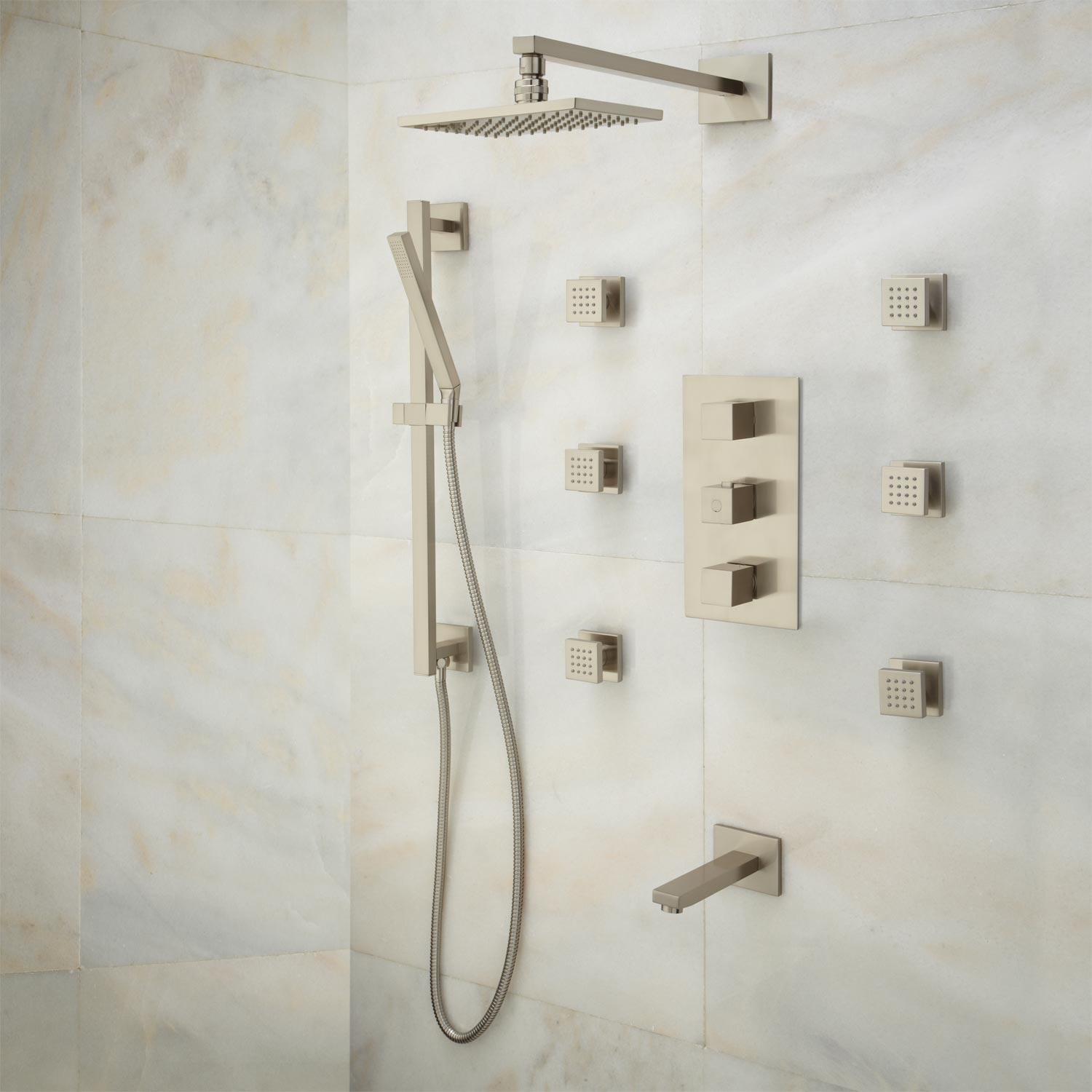 Signature Hardware 379997 Onassis Thermostatic Shower System with Shower Head, Hand Shower, Slide Bar, Body Sprays & Valve Trim - Chrome Finish | Perfect for Luxury Bathroom Renovations & Spa-Like Shower Experience