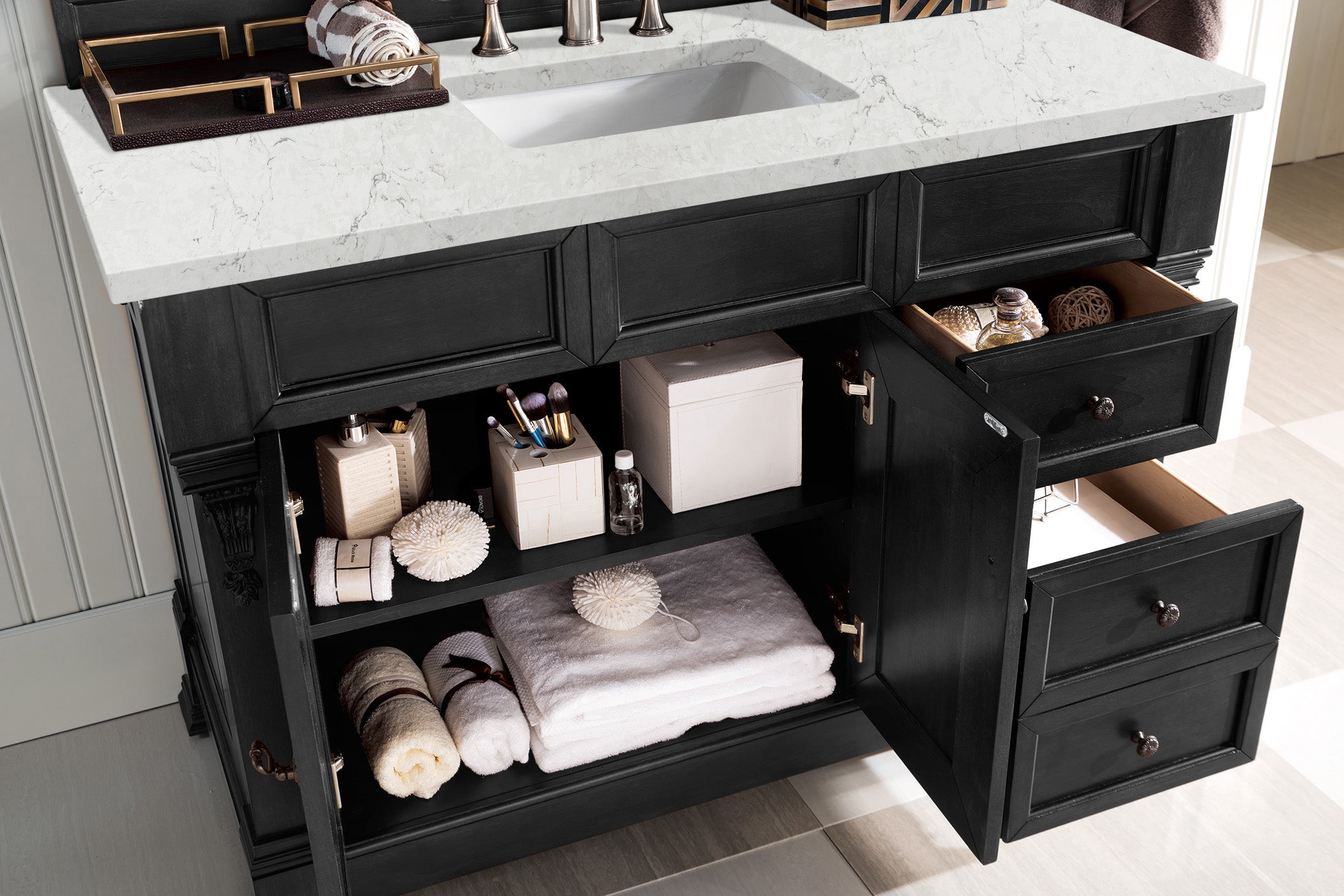 Brookfield 48 Inch Single Bathroom Vanity Set - Antique Black Finish with 3CM Eternal Jasmine Pearl Quartz Countertop | Perfect for Modern & Traditional Bathrooms, Small Spaces & Home Renovations
