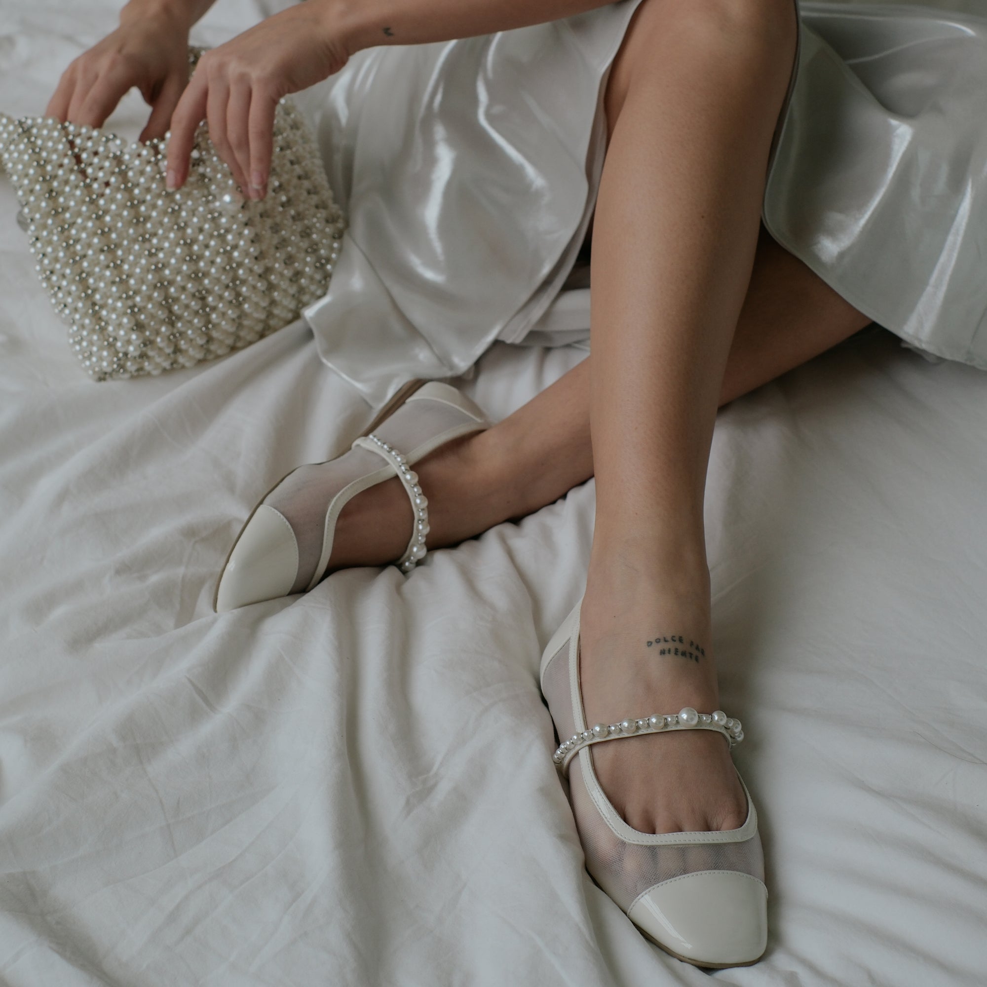 Rollin Pearl Ballet Flats for Women - White Mesh Comfortable Slip-On Shoes for Casual Wear, Work & Dance