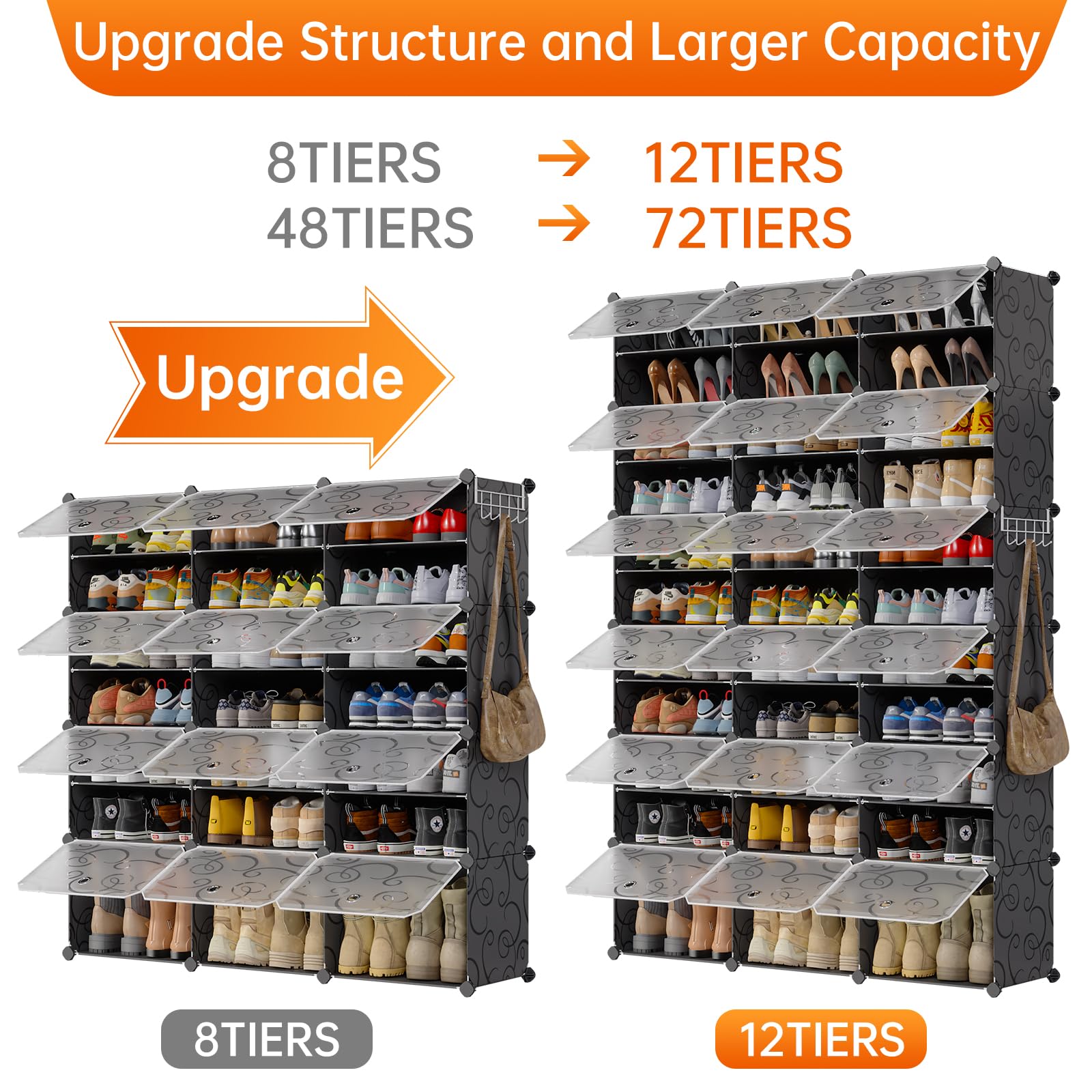 MAGINELS 72-Pairs Shoe Storage Cabinet with Doors - Large DIY Plastic Detachable Shoe Rack Organizer for Entryway, Bedroom, Closet (Black) | Space-Saving Shoe Storage Solution for Home Organization