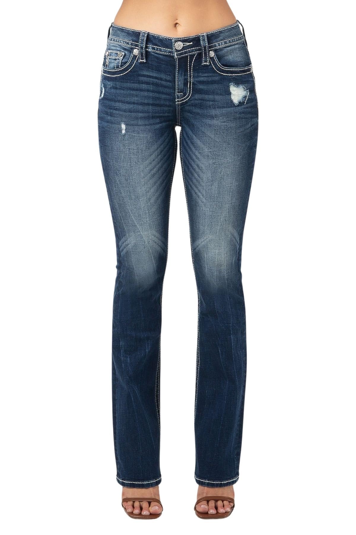 Miss Me Women's Mid Rise Silver and Pearl Cross Bootcut Jeans - Stylish Denim Pants for Casual Wear & Night Out