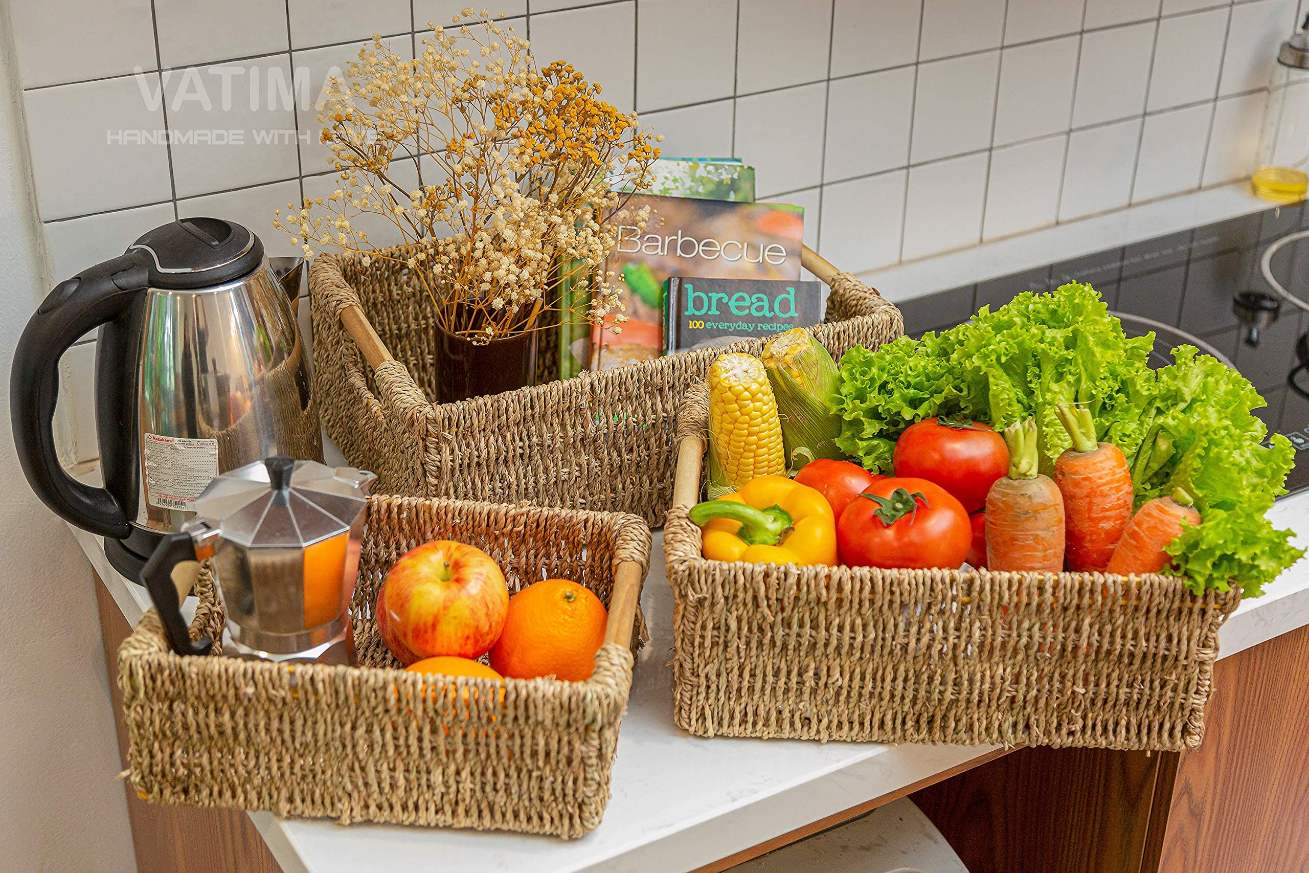 Natural Wicker Storage Baskets with Wooden Handles - Water Hyacinth & Seagrass Rectangular Organizing Bins for Shelves, Closet, and Home Decor | Perfect for Bedroom, Bathroom, and Living Room Storage Solutions