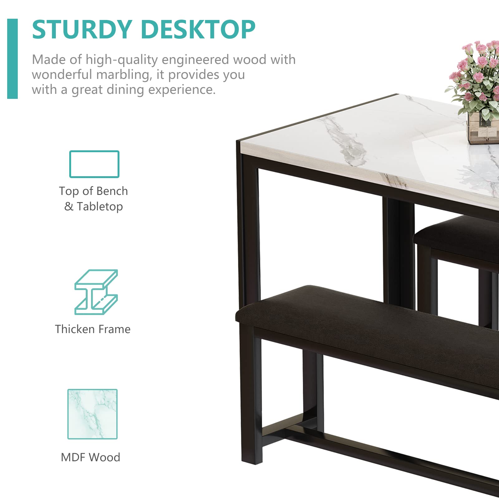 **DKLGG 4-Piece Faux Marble Dining Table Set with 2 PU Leather Benches - Modern Kitchen & Dining Room Table for Small Spaces | Perfect for Family Meals & Entertaining Guests**