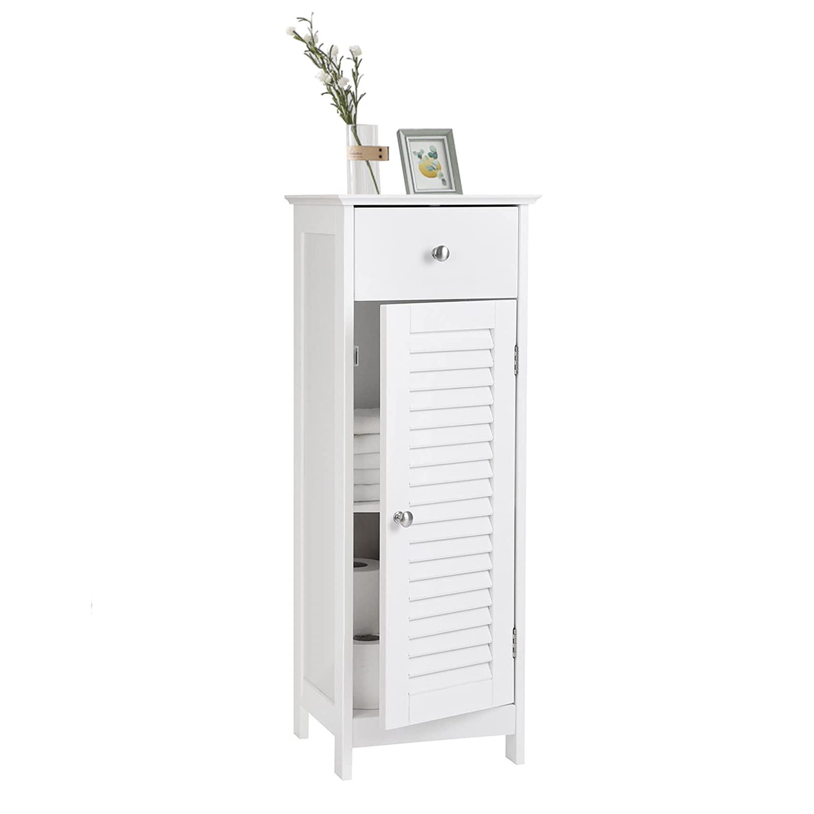 White Multifunctional Wooden Bathroom Floor Storage Cabinet with Drawer & 2 Compartments - Organizer for Bathroom, Living Room & Bedroom | Perfect for Small Space Organization, Towel Storage & Home Decor