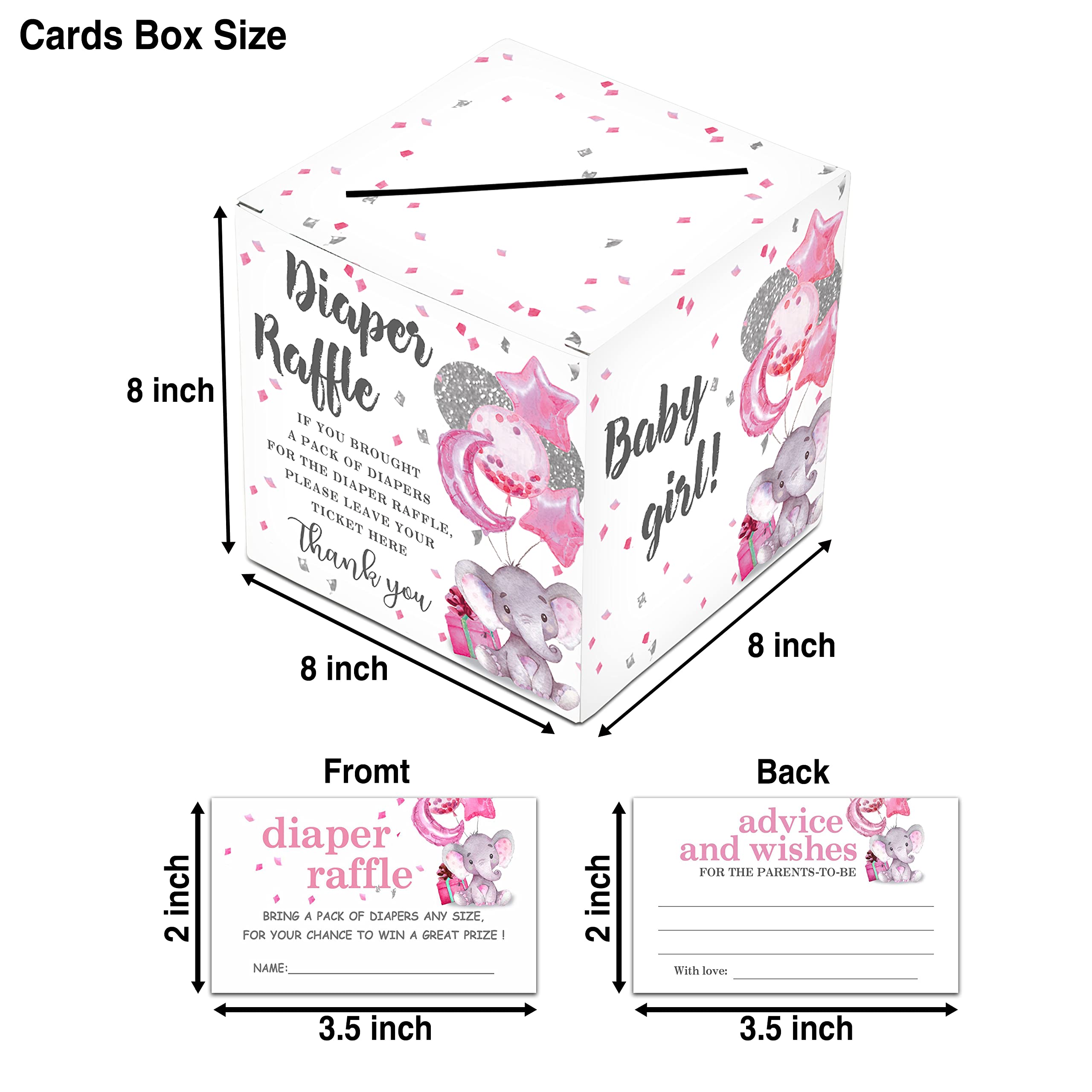 Pink Elephant Balloon Diaper Raffle Tickets Set - Baby Shower Party Game Cards, Advice Cards & Decorations (50 Cards + 1 Gift Box) - Perfect for Gender Reveal, Baby Shower Favors and Nursery Decor