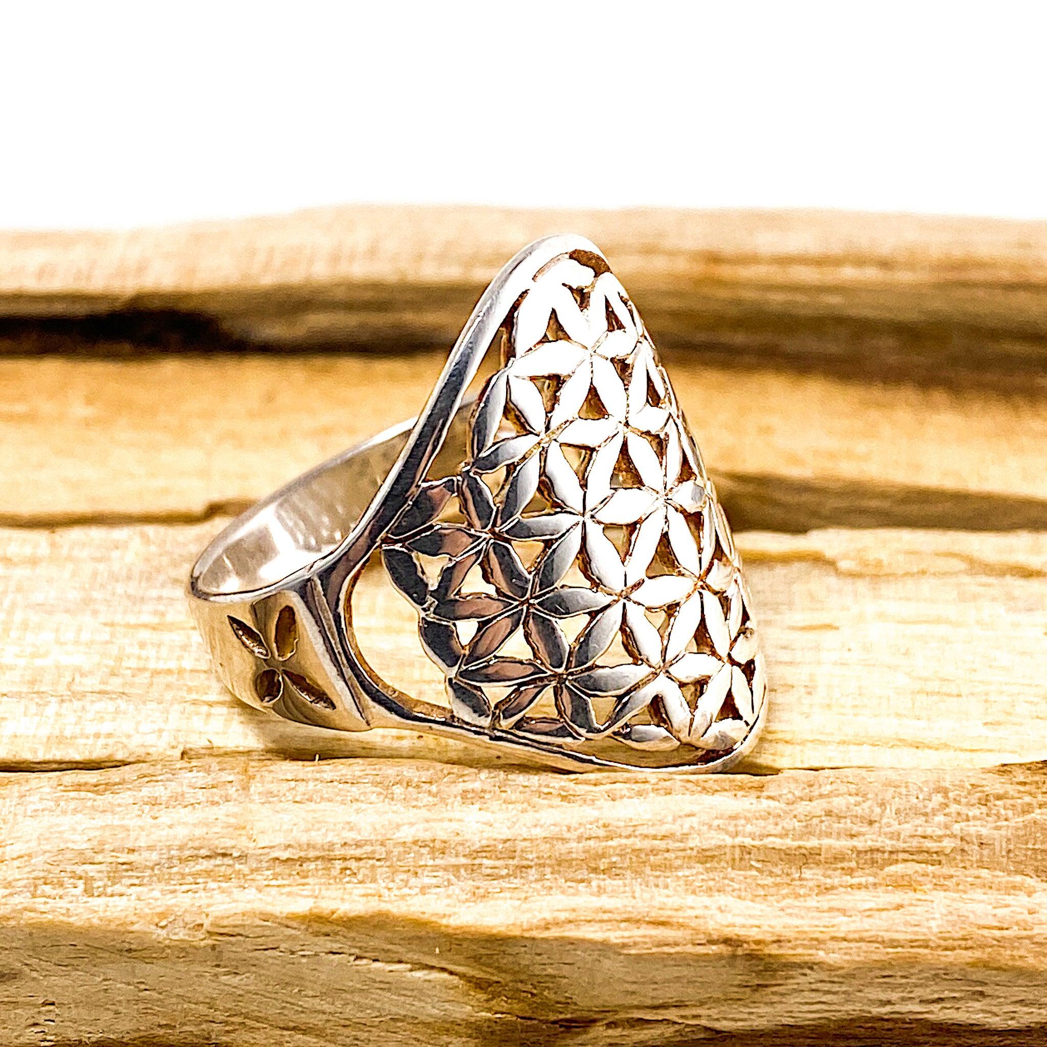 Sacred Geometry Flower of Life Sterling Silver Ring RG341 - Spiritual Jewelry for Meditation, Yoga & Energy Healing