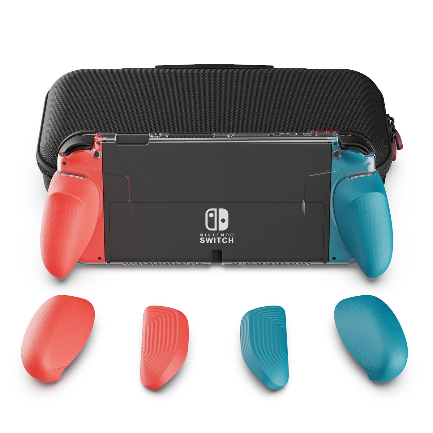 Skull & Co. GripCase OLED Bundle - Dockable Transparent Protective Case with Interchangeable Grips for Nintendo Switch OLED Model (Neon Blue & Red) | Perfect for Gaming, Travel, and Long Play Sessions