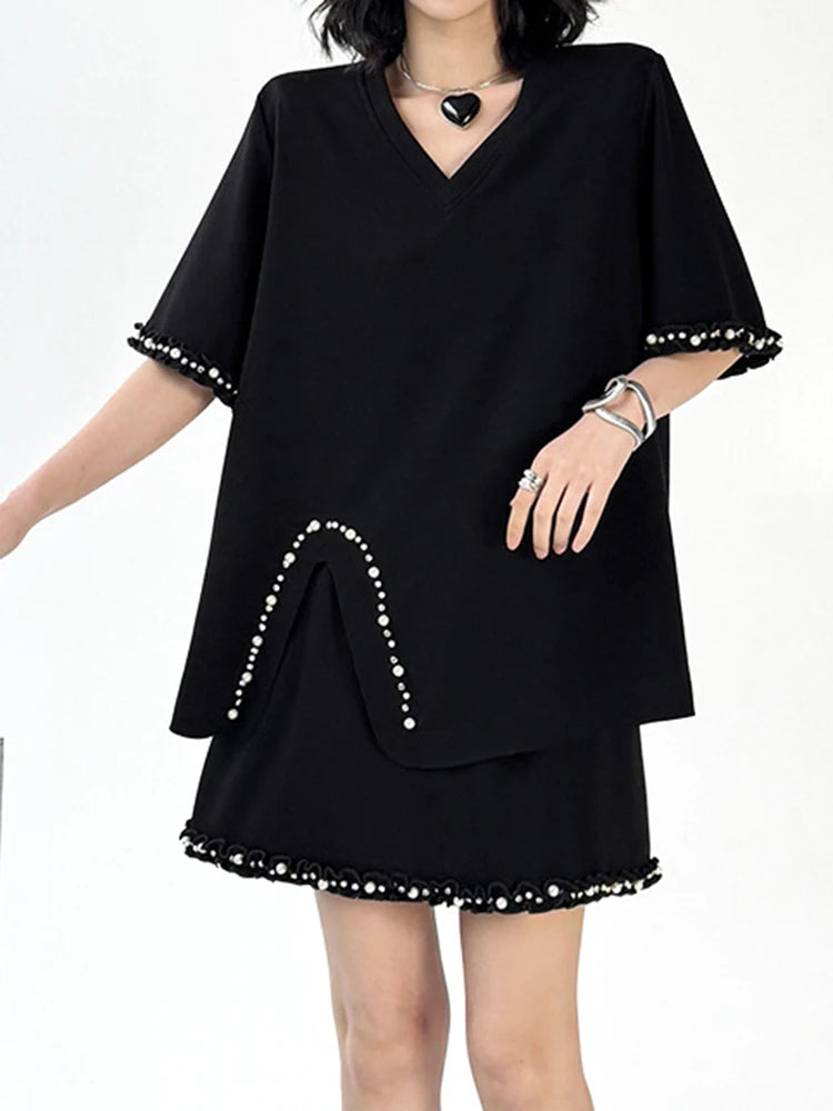 Black Pearl Print T-Shirt & Mini Skirt 2-Piece Set - Round Neck Short Sleeve Women's Fashion Outfit for Spring Summer 2025 | Casual Wear, Street Style, Party Outfit