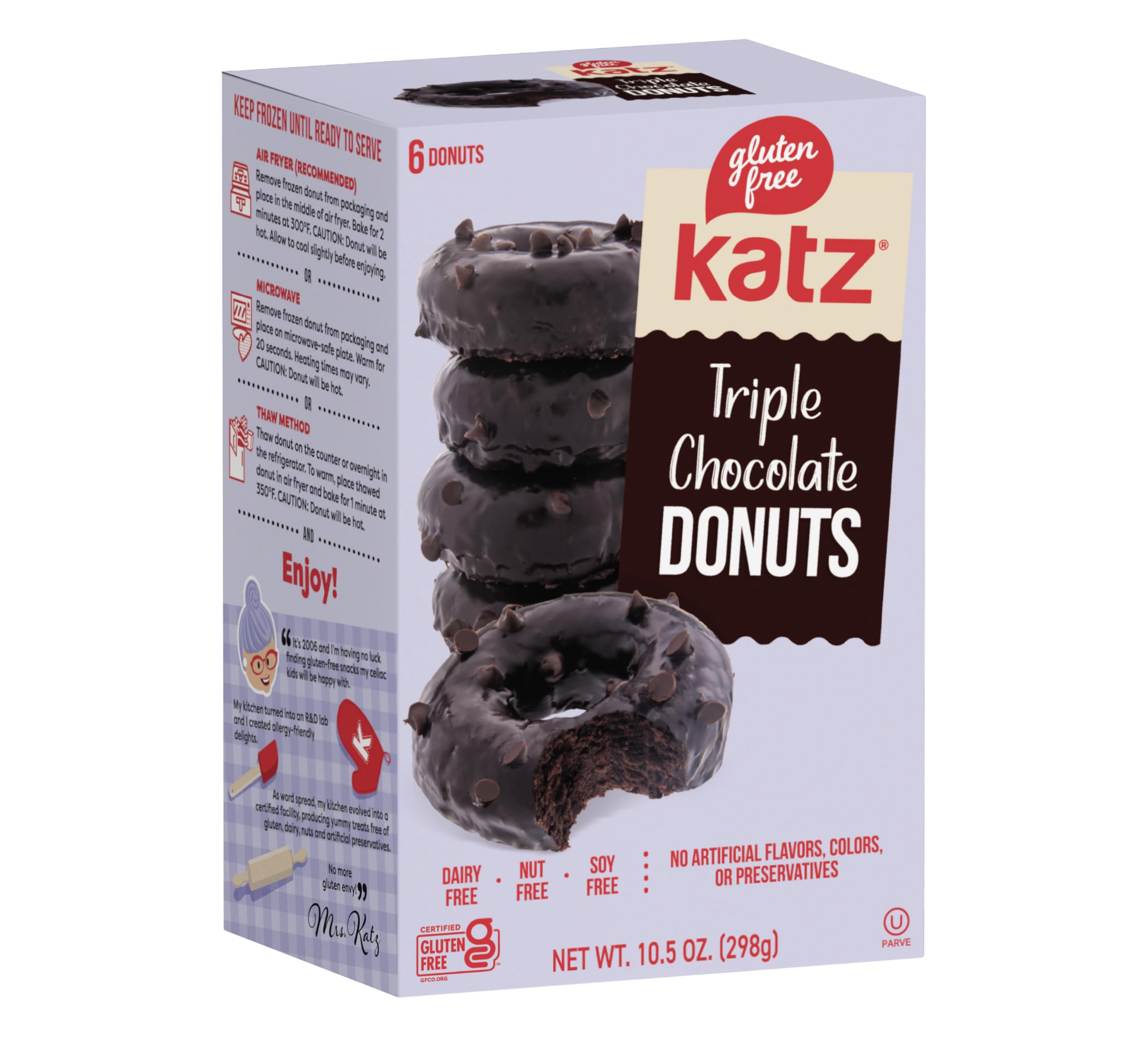 Katz Gluten Free Triple Chocolate Donuts - Dairy Free, Nut Free, Soy Free, Kosher Certified (6 Pack, 13 oz) - Perfect for Breakfast, Snacks & Celiac-Friendly Diets