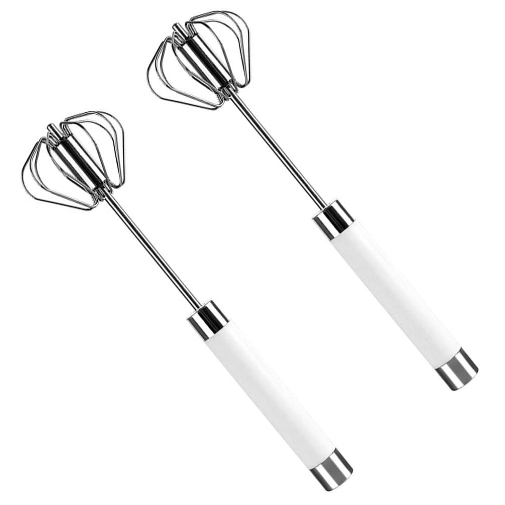 YARNOW 2-Pack Stainless Steel Semi-Automatic Egg Whisks - Kitchen Hand Mixer for Eggs, Milk Frother, Blender & Foamer - Durable Baking & Cooking Tools for Home, Cafe & Restaurant Use (White)