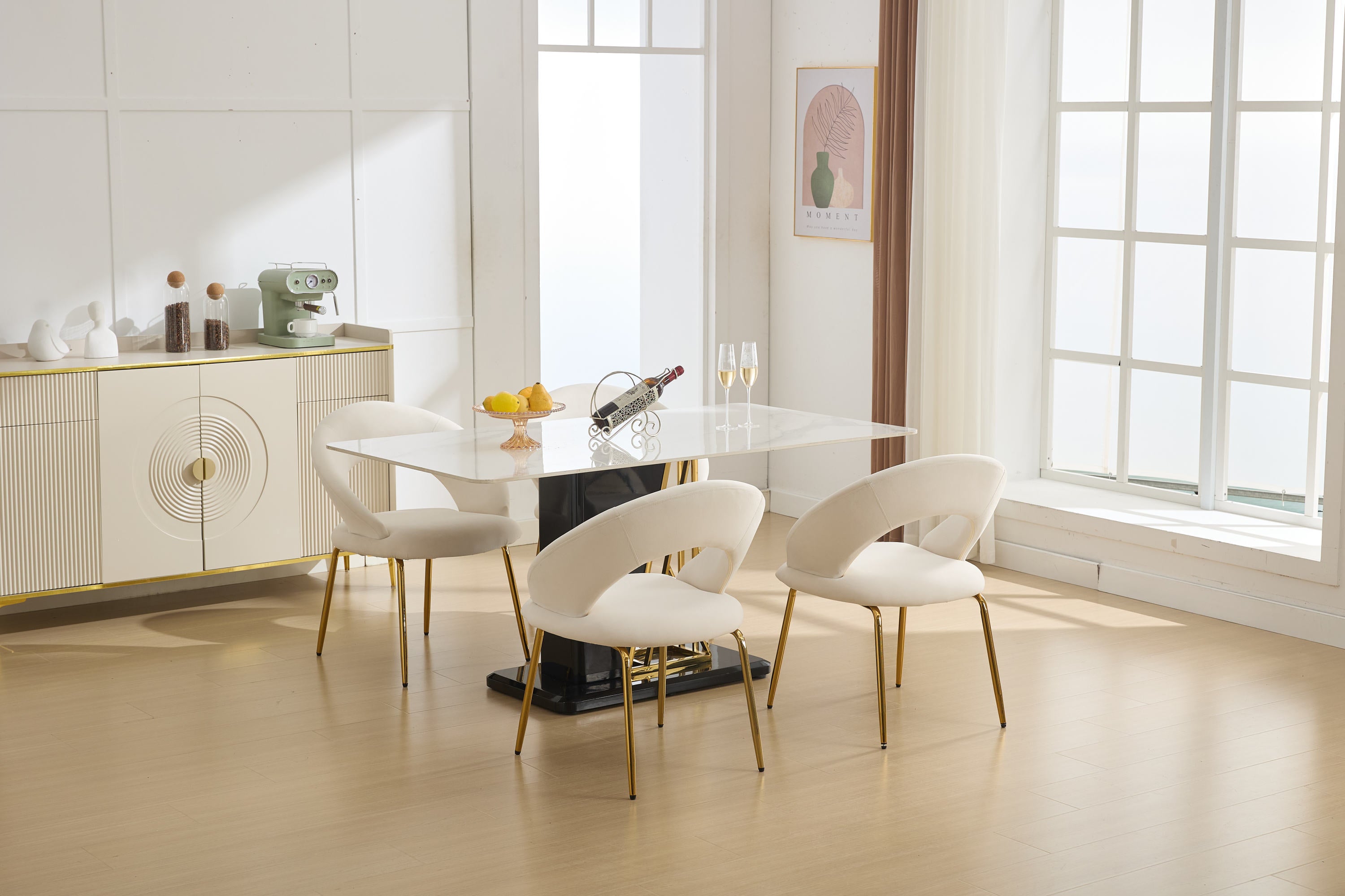 Velvet Dining Chairs Set of 1 - White Upholstered Kitchen Chairs with Curved Backrest & Gold Metal Legs for Dining Room, Restaurant or Home Decor