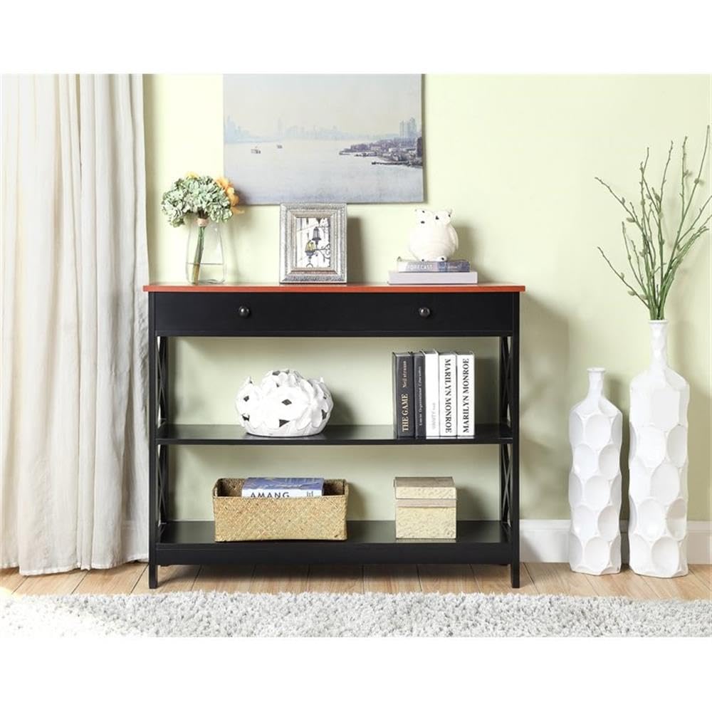 Pemberly Row Transitional One-Drawer Console Table - Cherry & Black Wood Entryway Table for Hallway, Living Room or Bedroom Decor