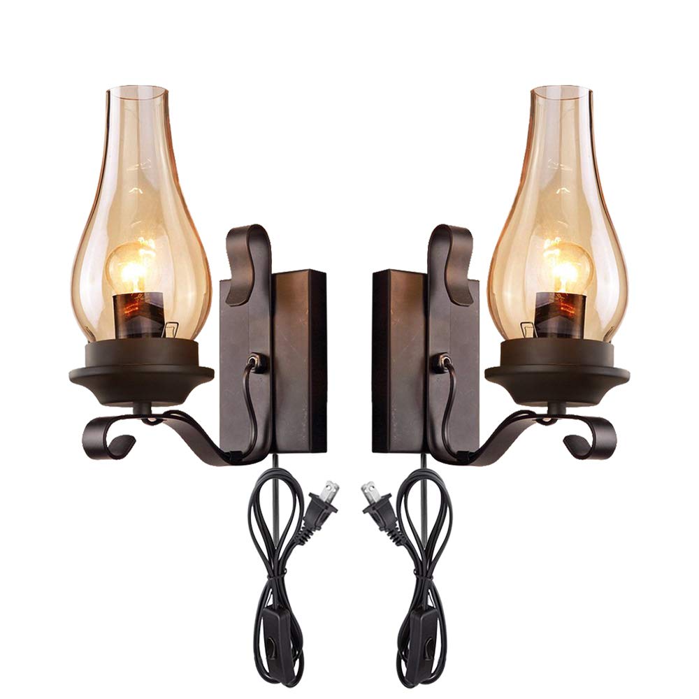 Vintage Nordic Black Shell Wall Sconces - 2 Pack E26 Plug-in Corded Wall Lights with Button Switch, UL Certified (Bulb Not Included) - Perfect for Restaurant, Loft, Cafe and Industrial Decor