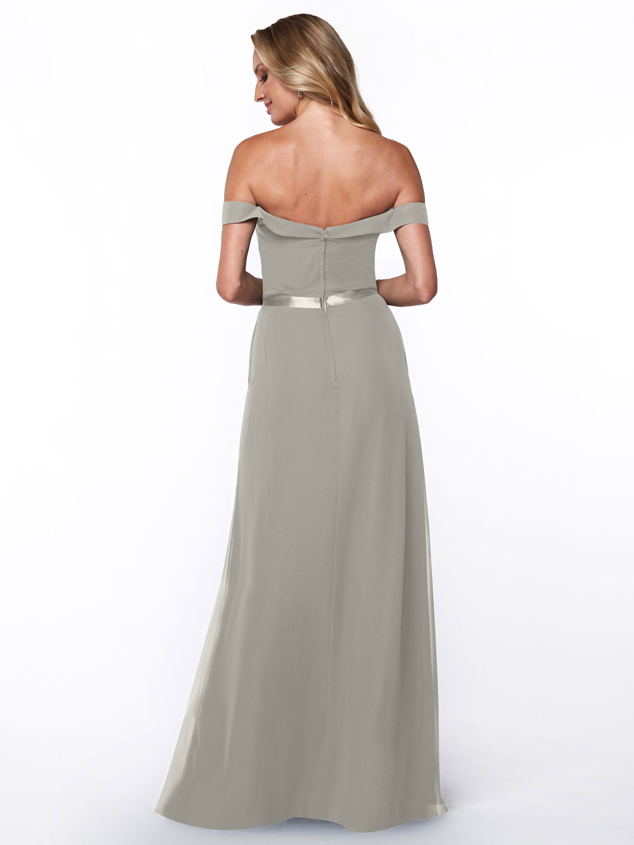 Elegant 80145 Off-The-Shoulder Chiffon A-Line Bridesmaid Dress with Sash - Perfect for Weddings, Formal Events & Special Occasions