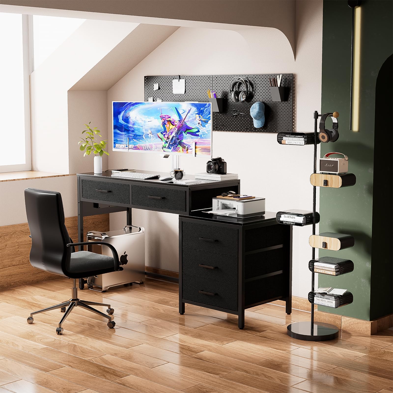 Reversible Computer Desk with 5 Drawers & Power Outlets - Sturdy Office Desk with USB Ports, File Cabinet & Printer Stand - Black Corner Writing Table for Home Office, Gaming Setup & Workstation Storage Solution