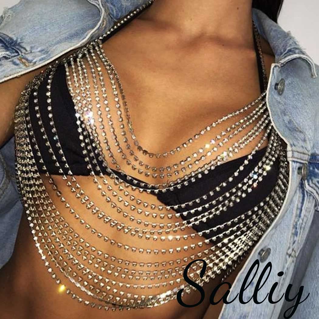 Boho Gold Rhinestone Bikini Bra - Sexy Backless Body Chain Halter with Sequins for Women | Perfect for Beach Parties, Music Festivals & Summer Vacations