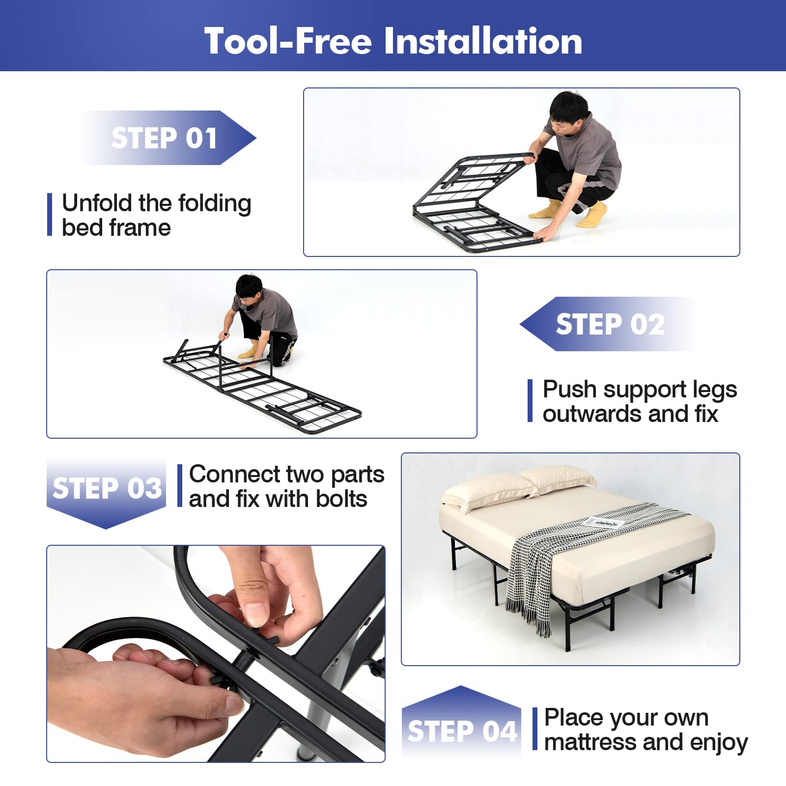 Giantex Folding Bed Frame - Twin/Full Size Portable Platform Bed with 660 LBS Capacity, No Box Spring Needed, Easy Tool-Free Assembly for Kids, Teens & Adults - Perfect for Guest Rooms, Dorms, Camping & Temporary Sleeping Solutions