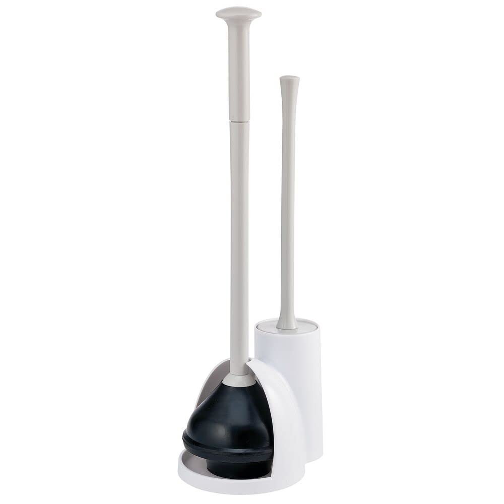 mDesign Hidden Toilet Plunger and Brush Set with Holder - Modern Bathroom Cleaning Combo for Toilet Bowl - Aura Collection in White/Light Gray - Perfect for Small Bathrooms & Tight Spaces