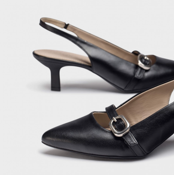 WONDERS GAIA Black Leather Slingback Heels - Stylish Women's Dress Shoes for Office, Party & Special Occasions