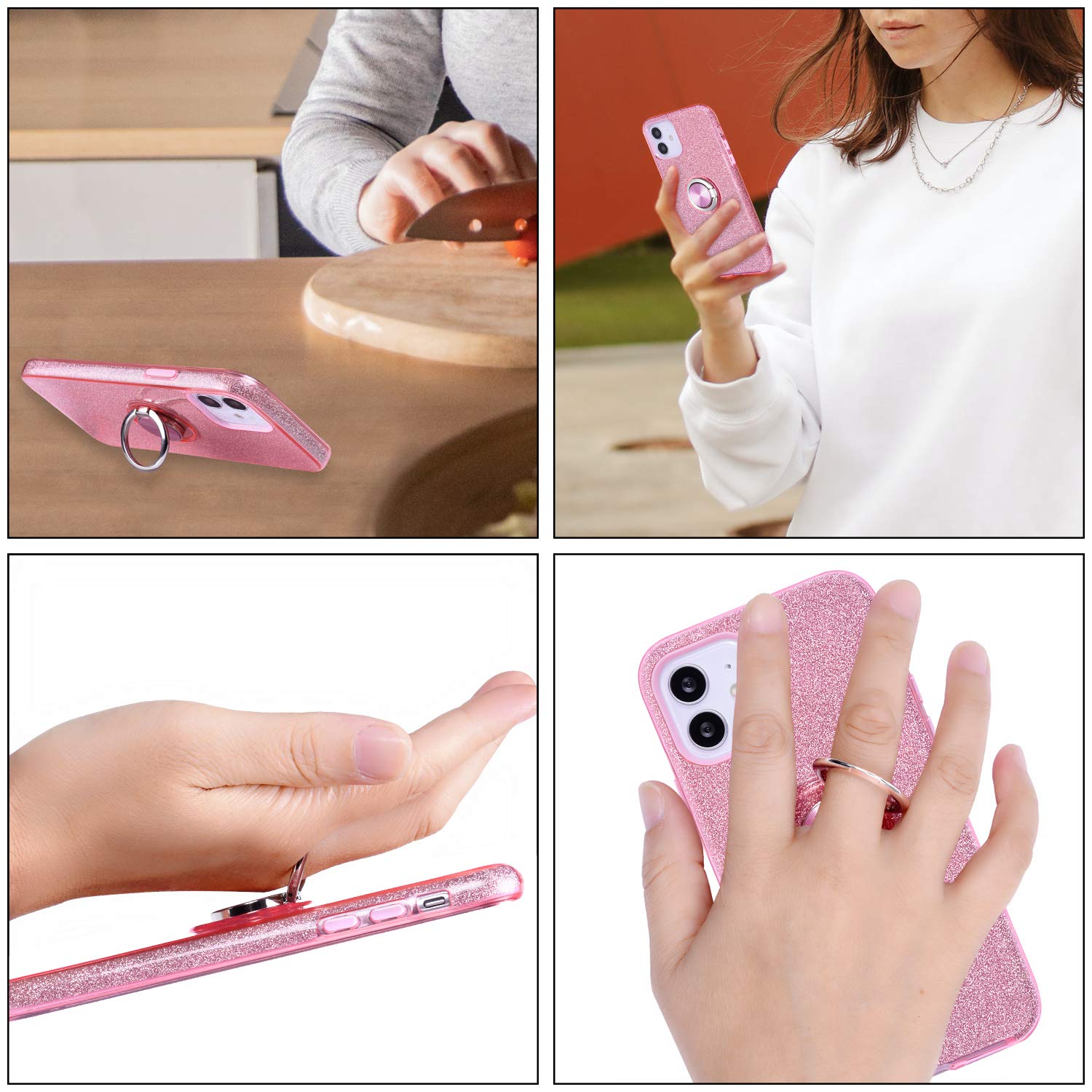 Wisdompro Sparkle Glitter Protective Phone Case with Ring Kickstand for iPhone 12 Mini 5.4 Inch - Pink, Cute Bling Design for Women & Girls | Perfect for Everyday Use, Parties, and Gifting