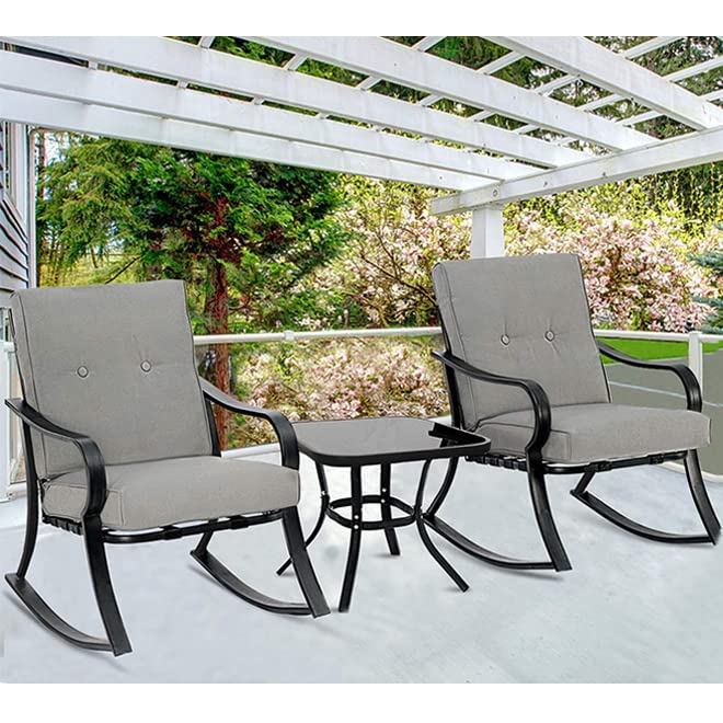 **Outdoor 3-Piece Rocking Chair Set - 2 Black Steel Rocking Chairs with Cushions & Glass Top Coffee Table - Grey Patio Bistro Furniture for Garden, Porch, or Backyard Relaxation**
