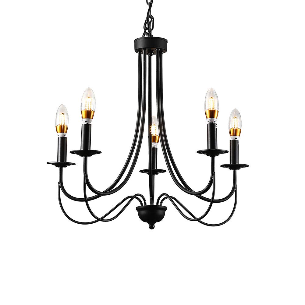 TFCFL 5-Light Farmhouse Rustic Metal Candle Chandelier - Black Hanging Ceiling Light Fixture for Dining Room, Living Room, Bedroom, Kitchen Island & Foyer | Perfect for Vintage Home Decor, Wedding Venues & Cozy Cabin Lighting
